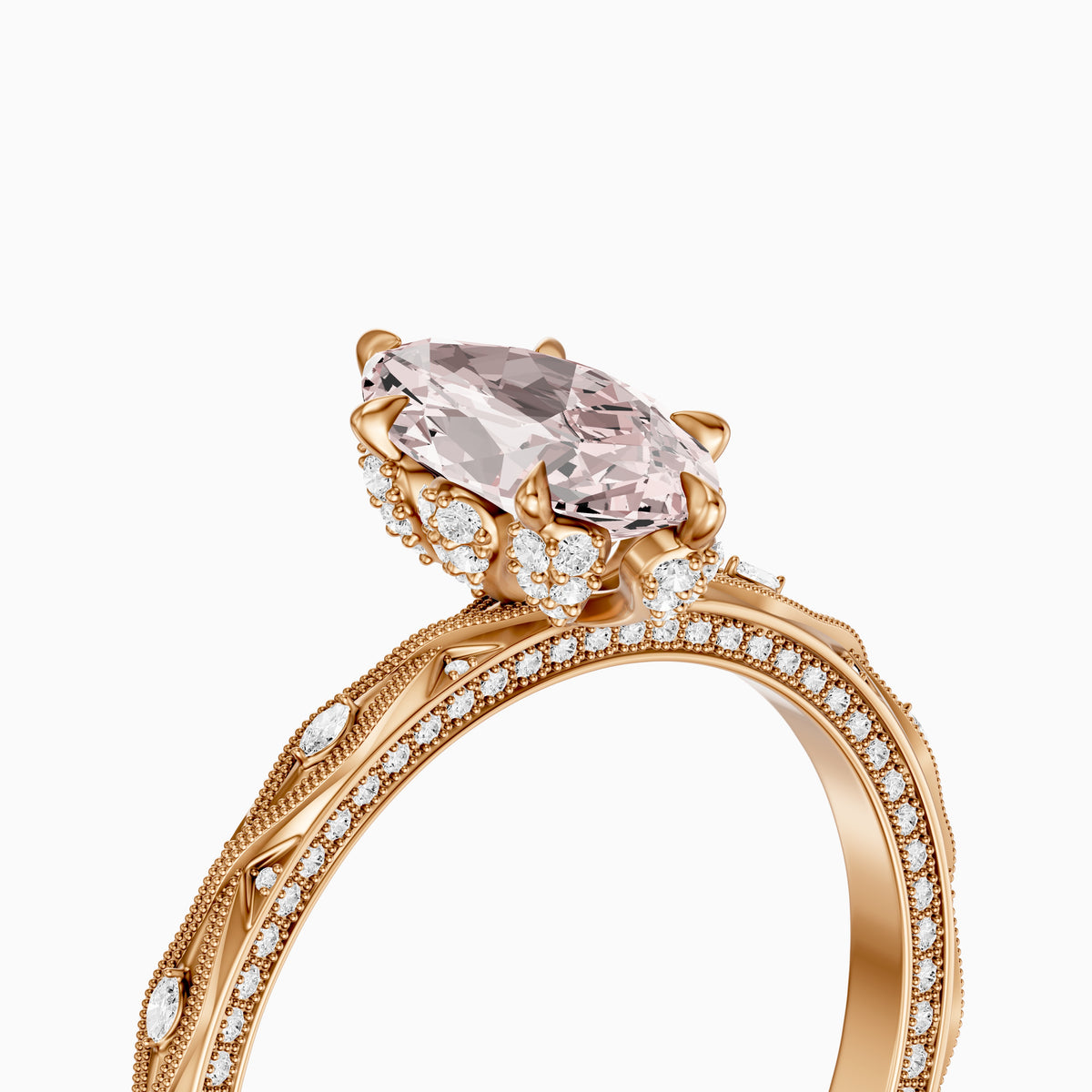Fenella Marquise Pink Lab Grown Diamond Ornate Vintage Floral Halo Ring