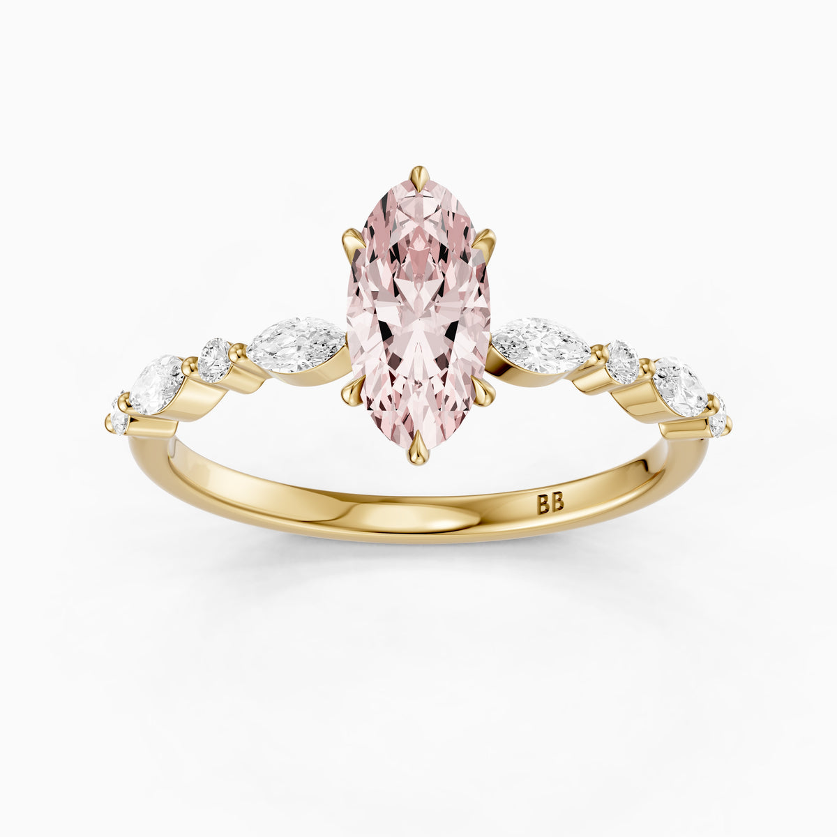 Una Moval Pink Lab Grown Diamond Ring with Round and Marquise Side Stones