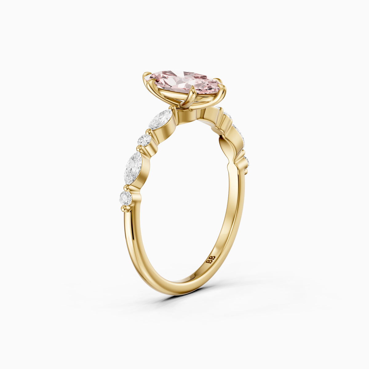 Una Moval Pink Lab Grown Diamond Ring with Round and Marquise Side Stones