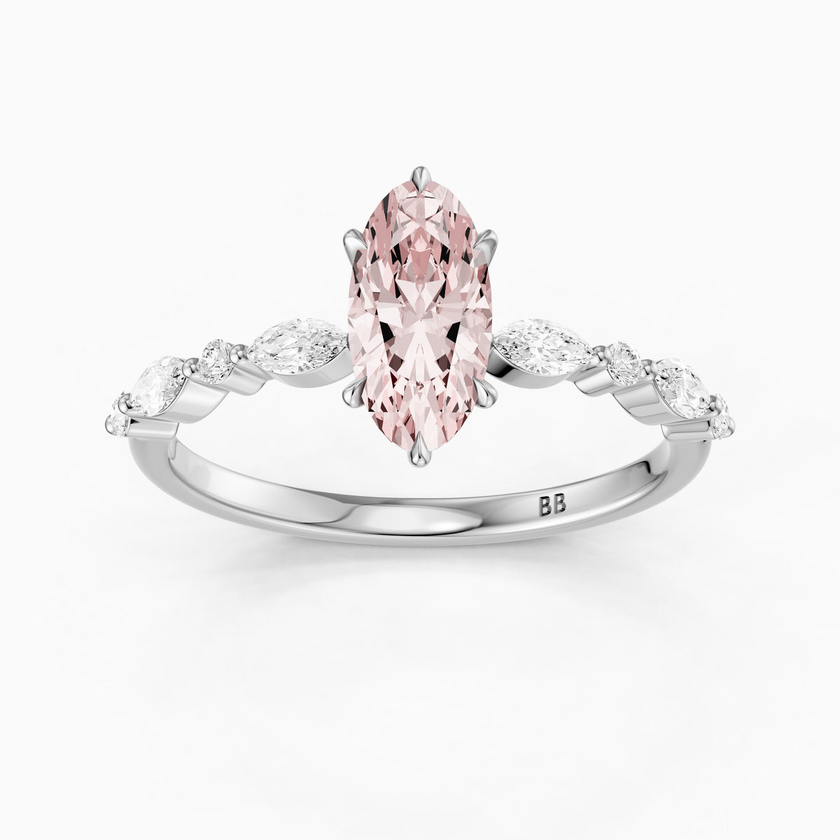 Una Moval Pink Lab Grown Diamond Ring with Round and Marquise Side Stones
