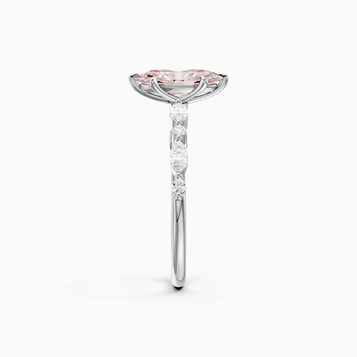 Una Moval Pink Lab Grown Diamond Ring with Round and Marquise Side Stones