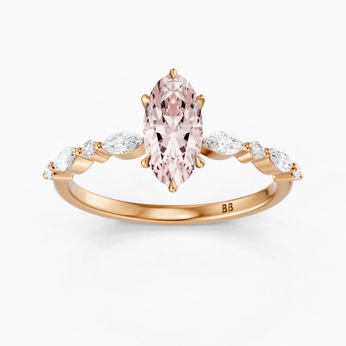 Una Moval Pink Lab Grown Diamond Ring with Round and Marquise Side Stones