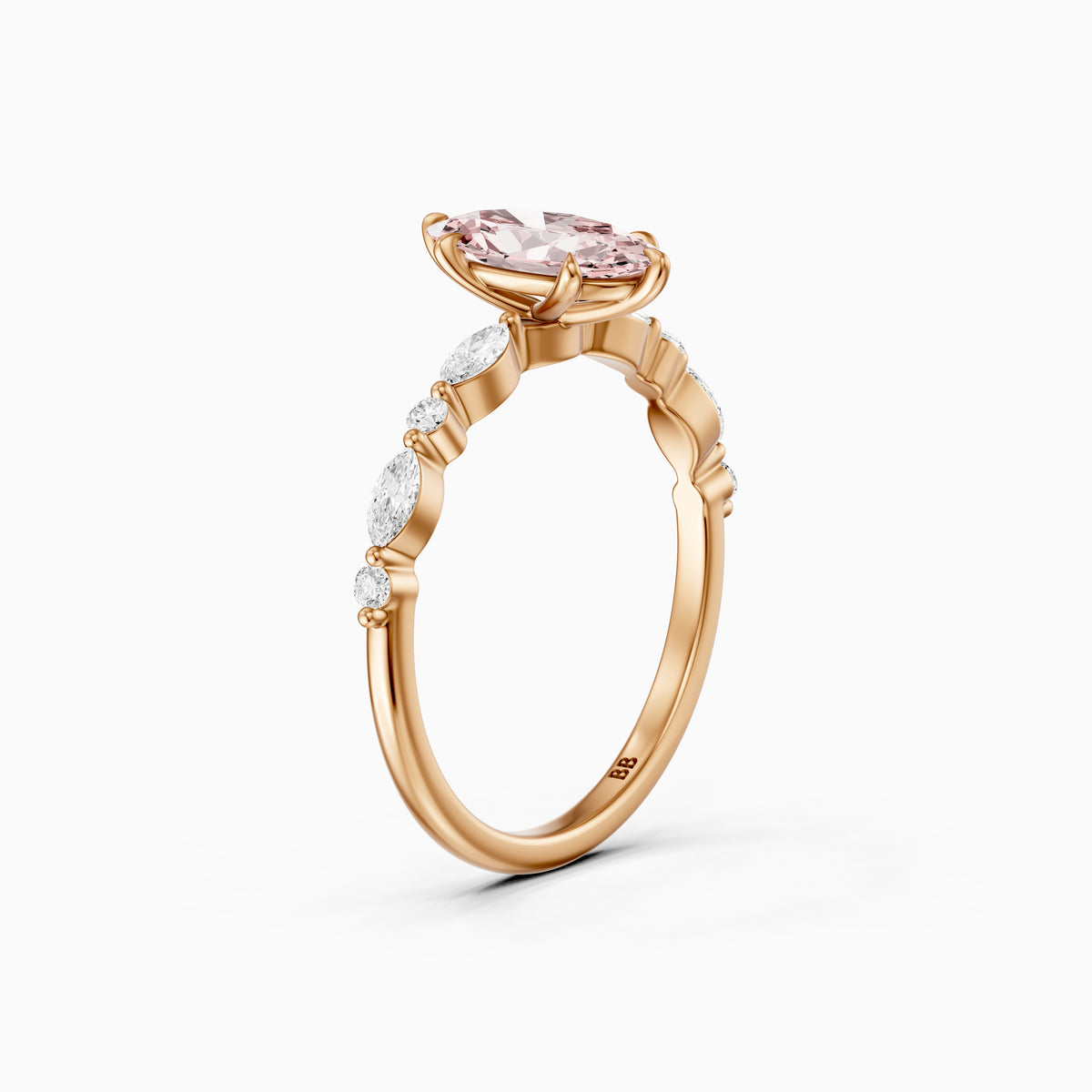 Una Moval Pink Lab Grown Diamond Ring with Round and Marquise Side Stones