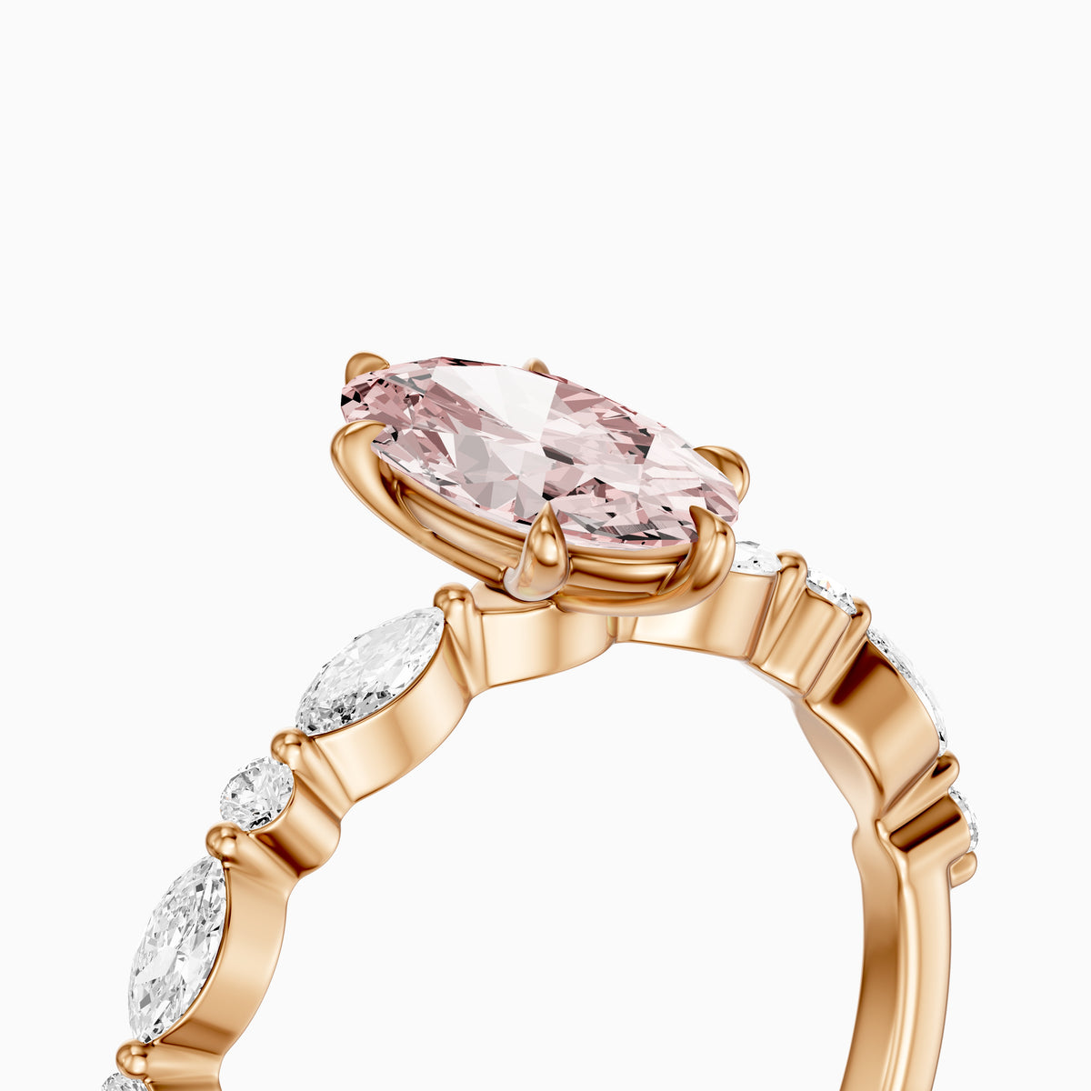 Una Moval Pink Lab Grown Diamond Ring with Round and Marquise Side Stones