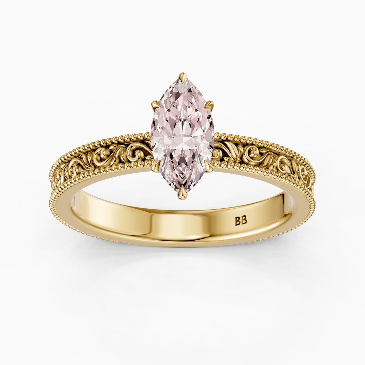 Tilly Marquise Pink Lab Grown Diamond Ring with Vintage Filigree Band