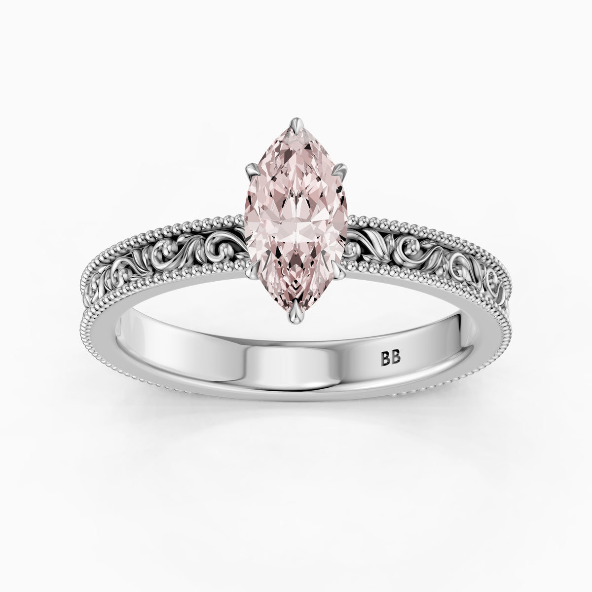 Tilly Marquise Pink Lab Grown Diamond Ring with Vintage Filigree Band