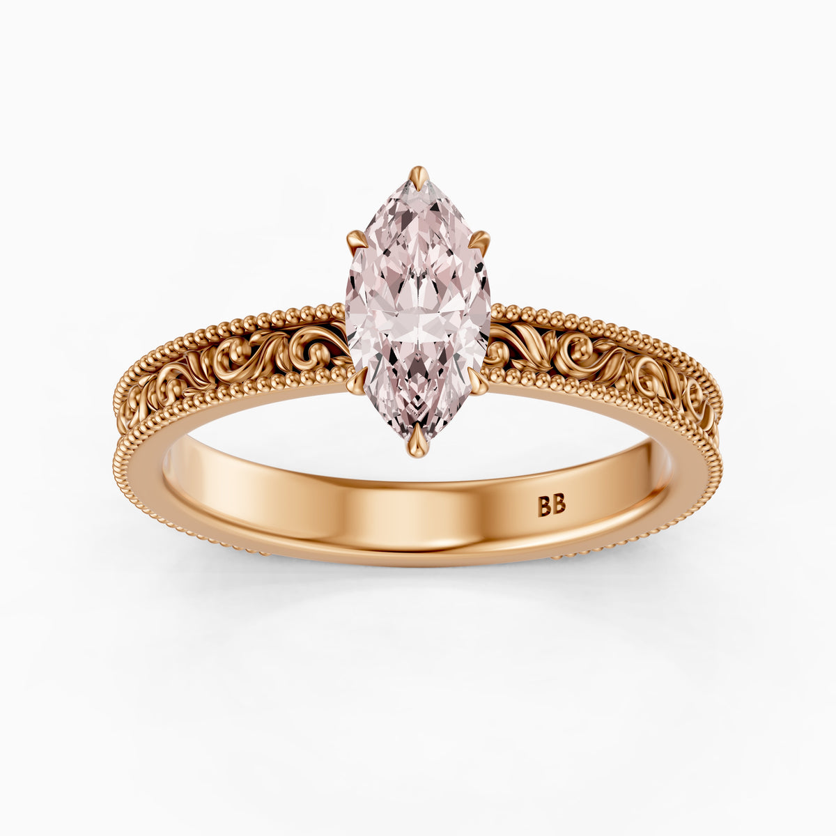 Tilly Marquise Pink Lab Grown Diamond Ring with Vintage Filigree Band
