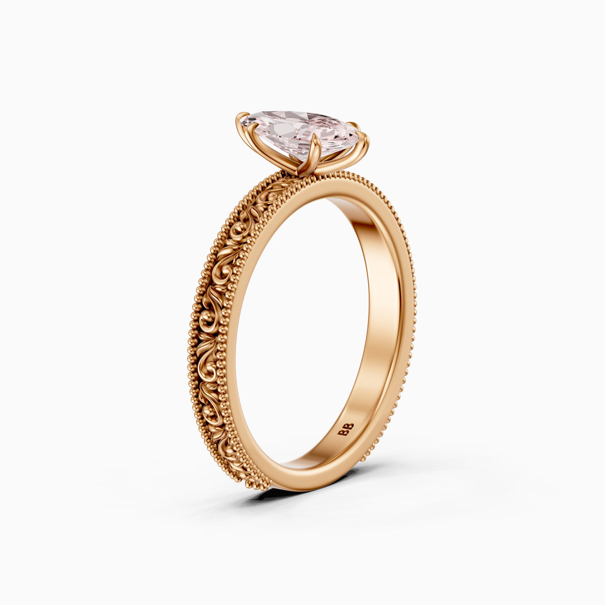 Tilly Marquise Pink Lab Grown Diamond Ring with Vintage Filigree Band