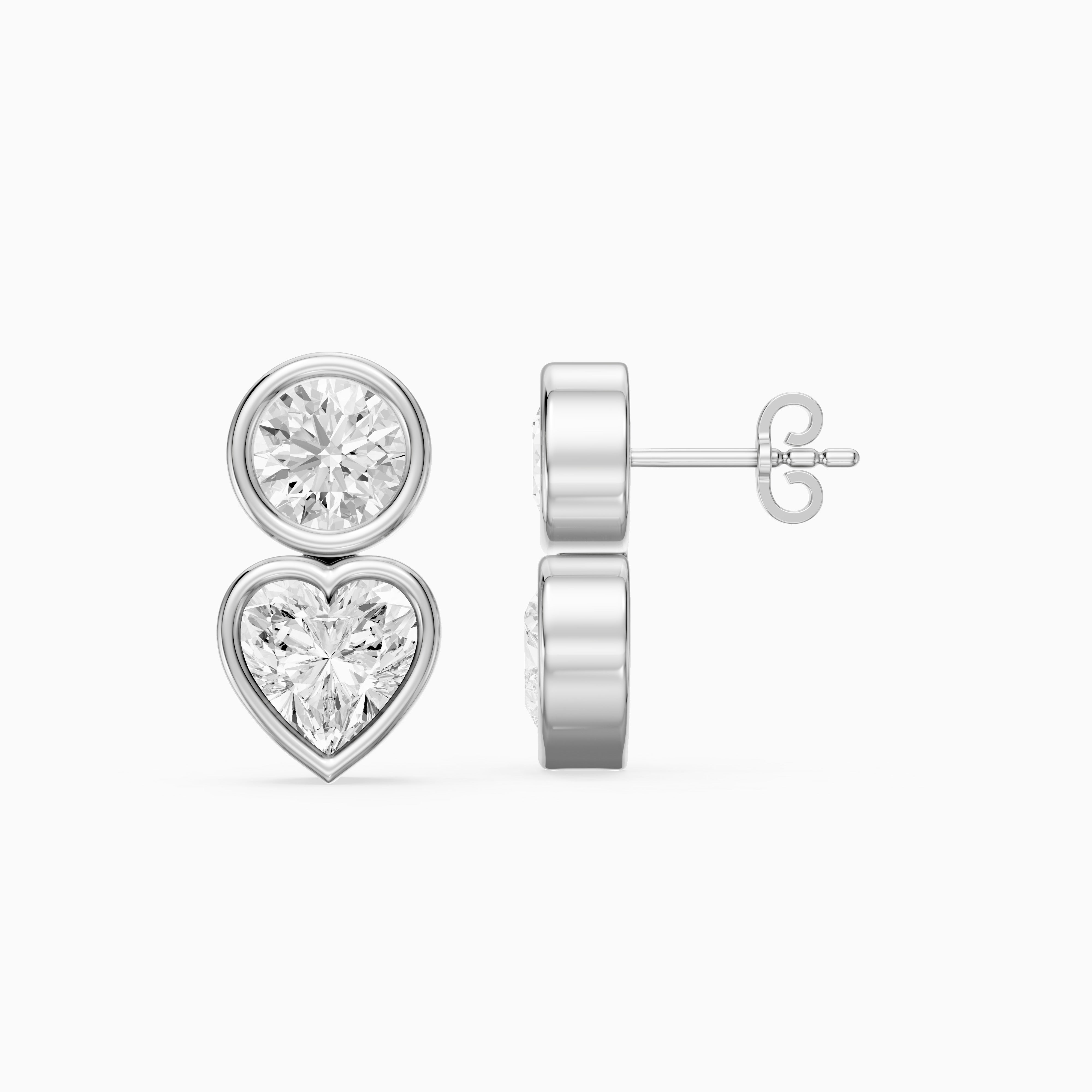 Veda Heart and Round Lab Grown Diamond Bezel Stud Earrings