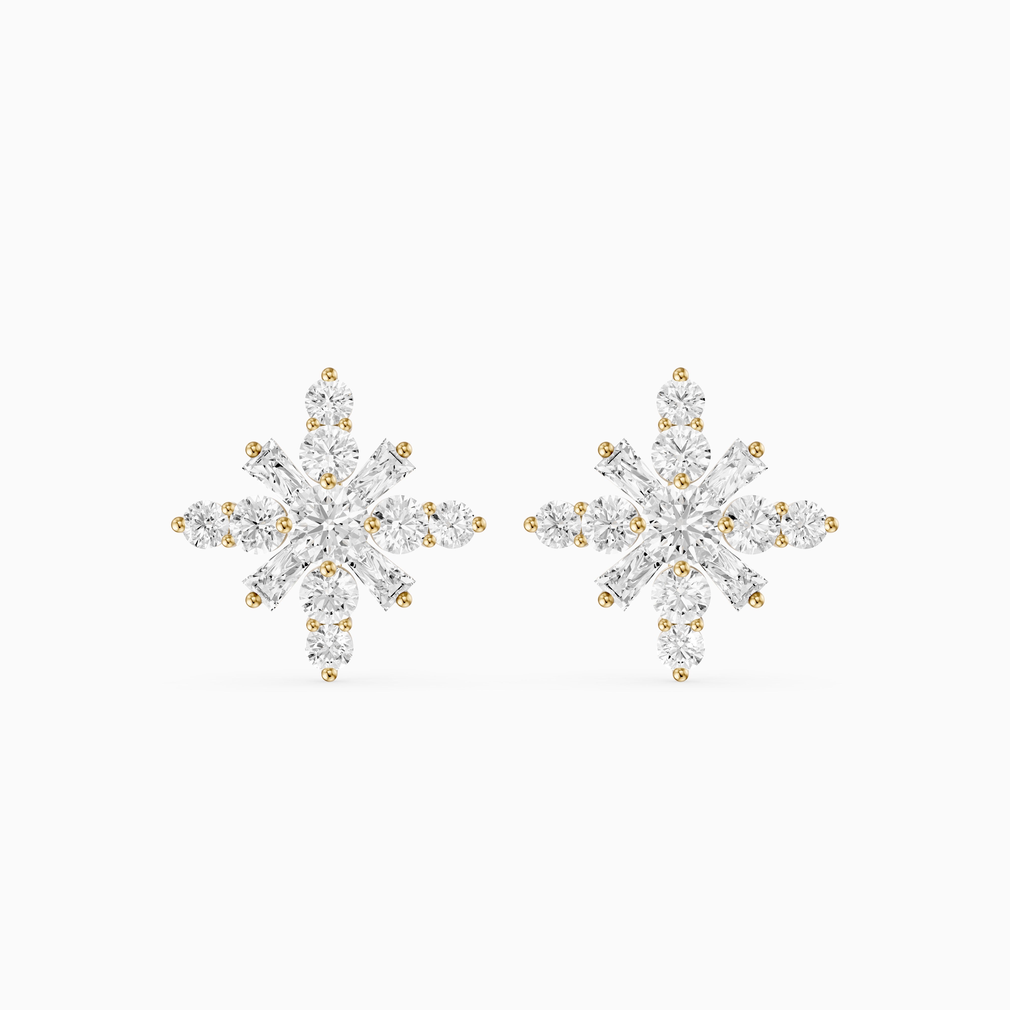 Veerle Round Cut and Tapered Baguette Lab Grown Diamond Snowflake Stud Earrings