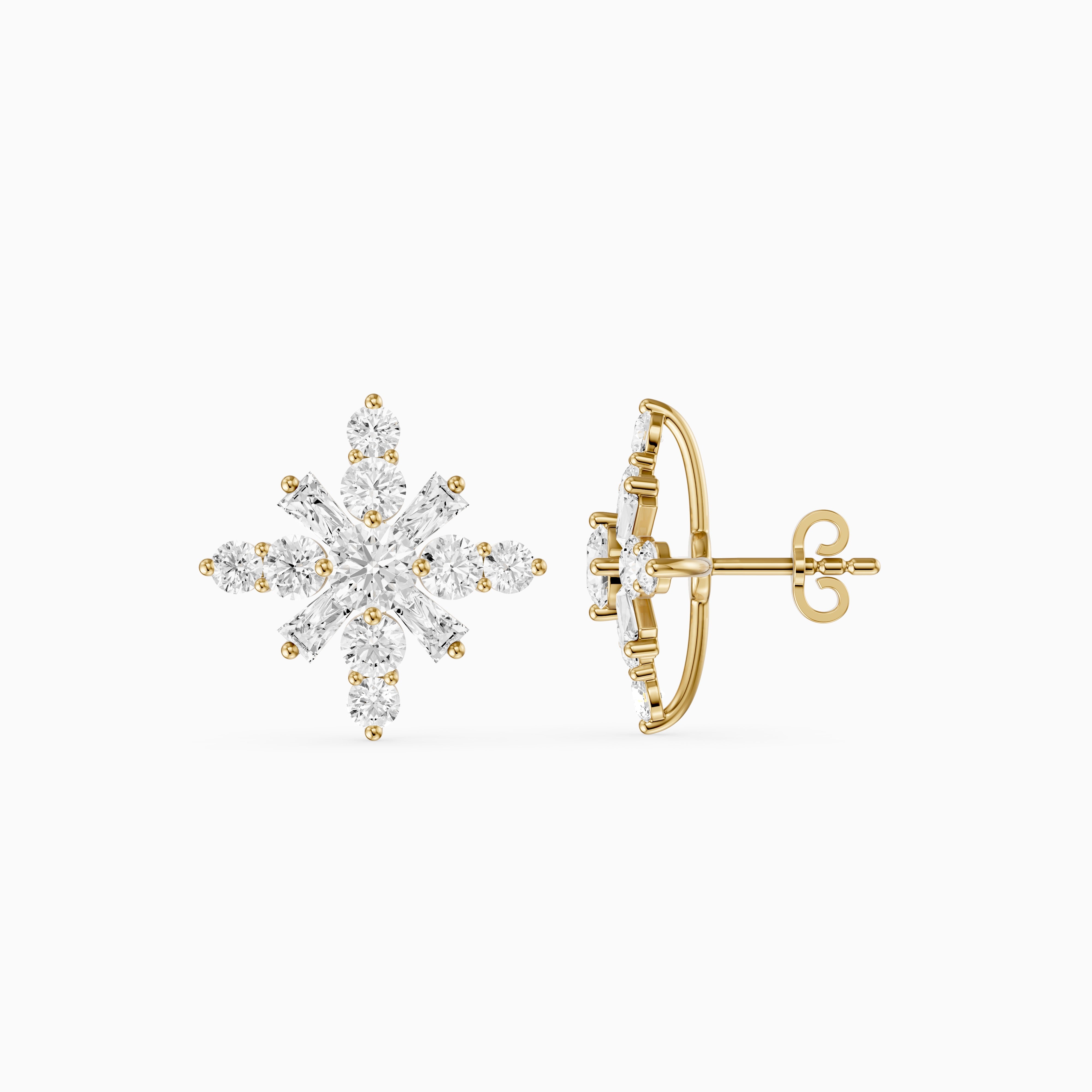 Veerle Round Cut and Tapered Baguette Lab Grown Diamond Snowflake Stud Earrings
