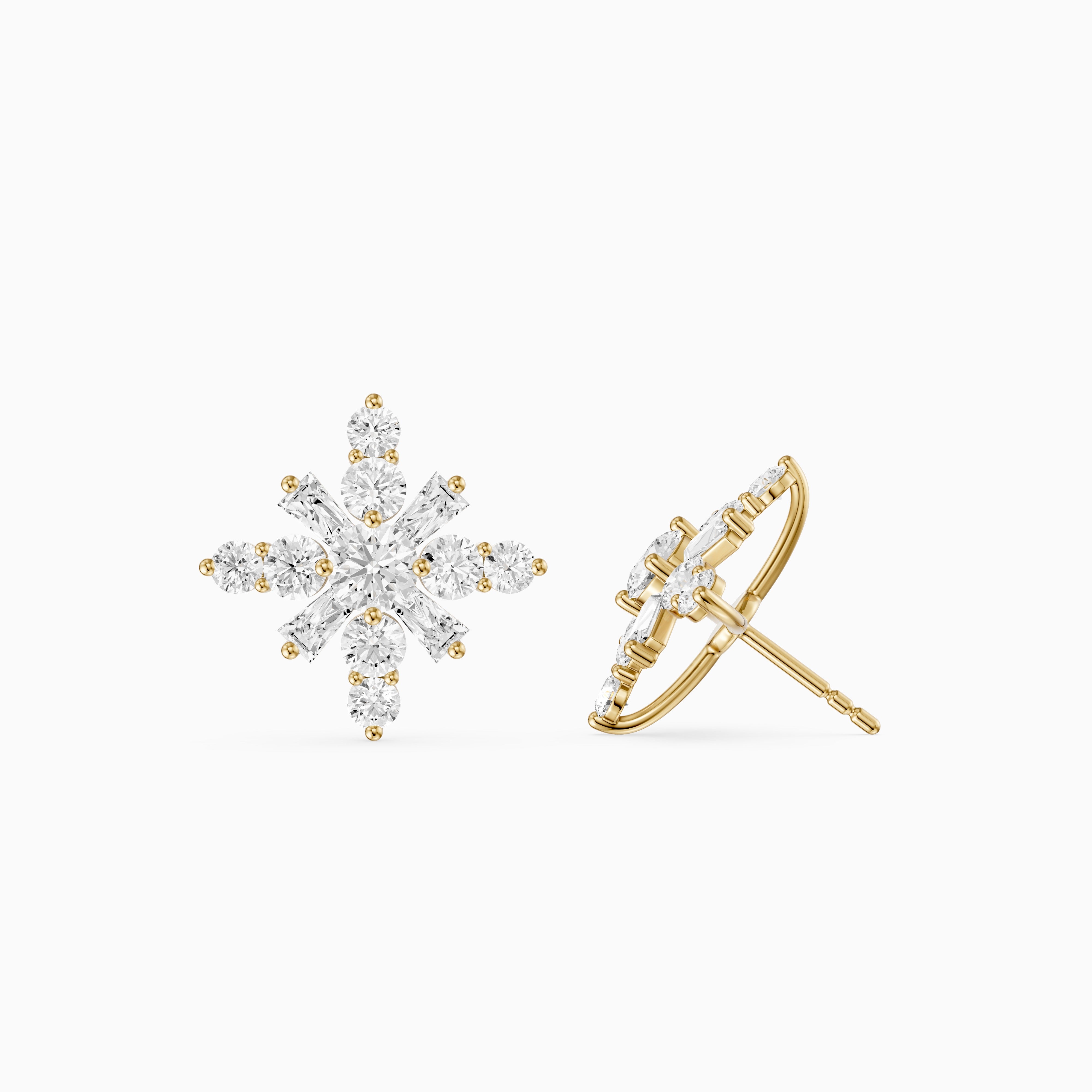 Veerle Round Cut and Tapered Baguette Lab Grown Diamond Snowflake Stud Earrings