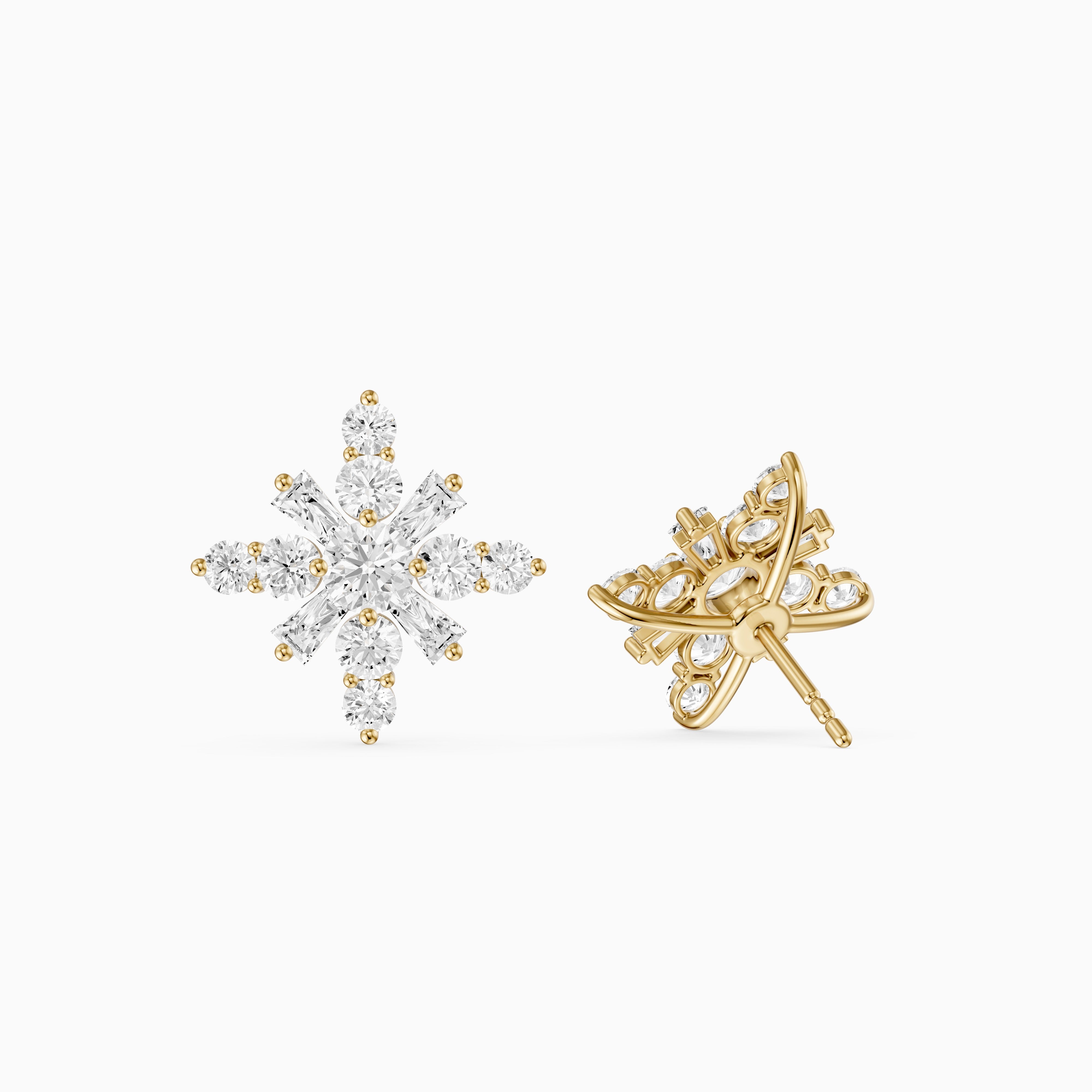 Veerle Round Cut and Tapered Baguette Lab Grown Diamond Snowflake Stud Earrings