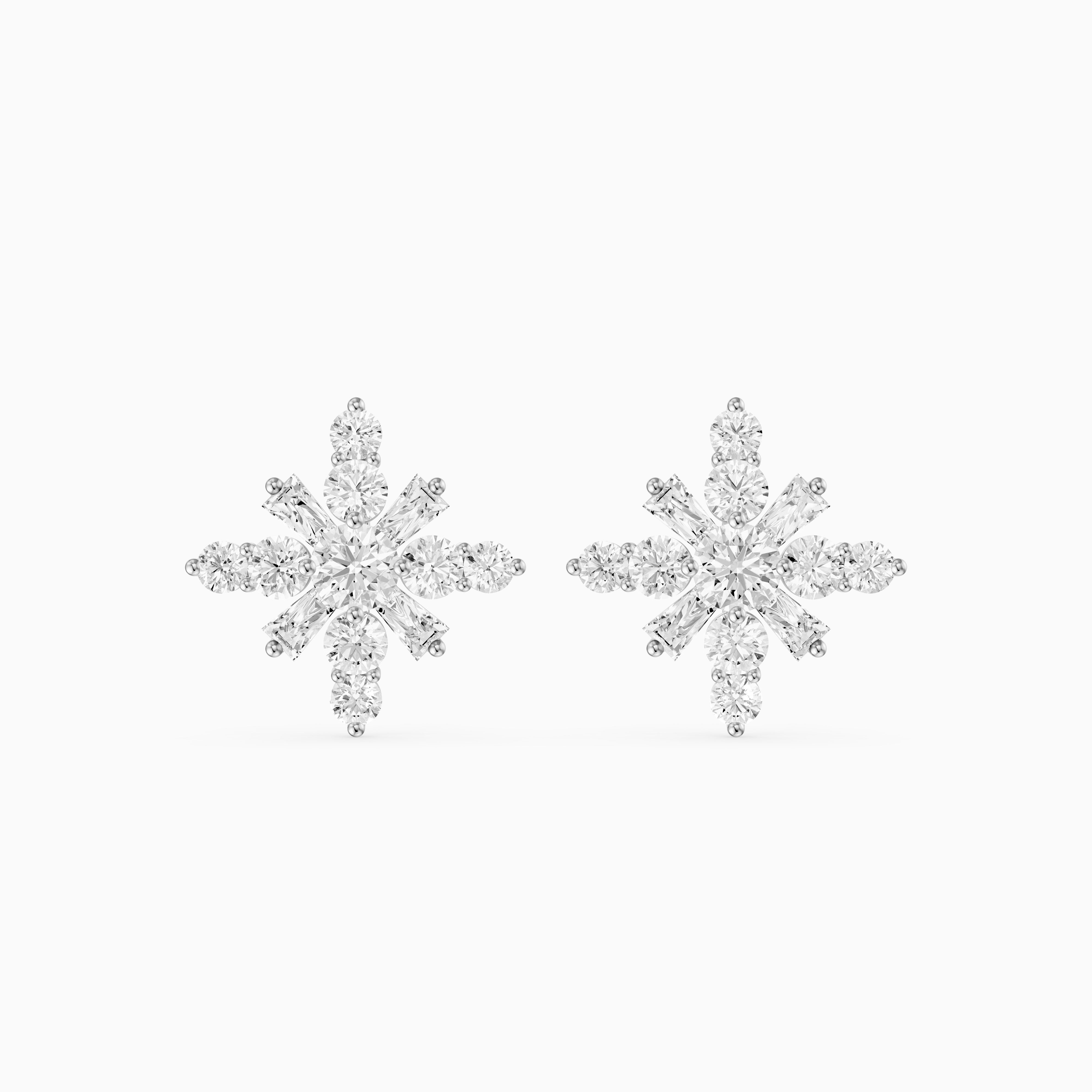 Veerle Round Cut and Tapered Baguette Lab Grown Diamond Snowflake Stud Earrings