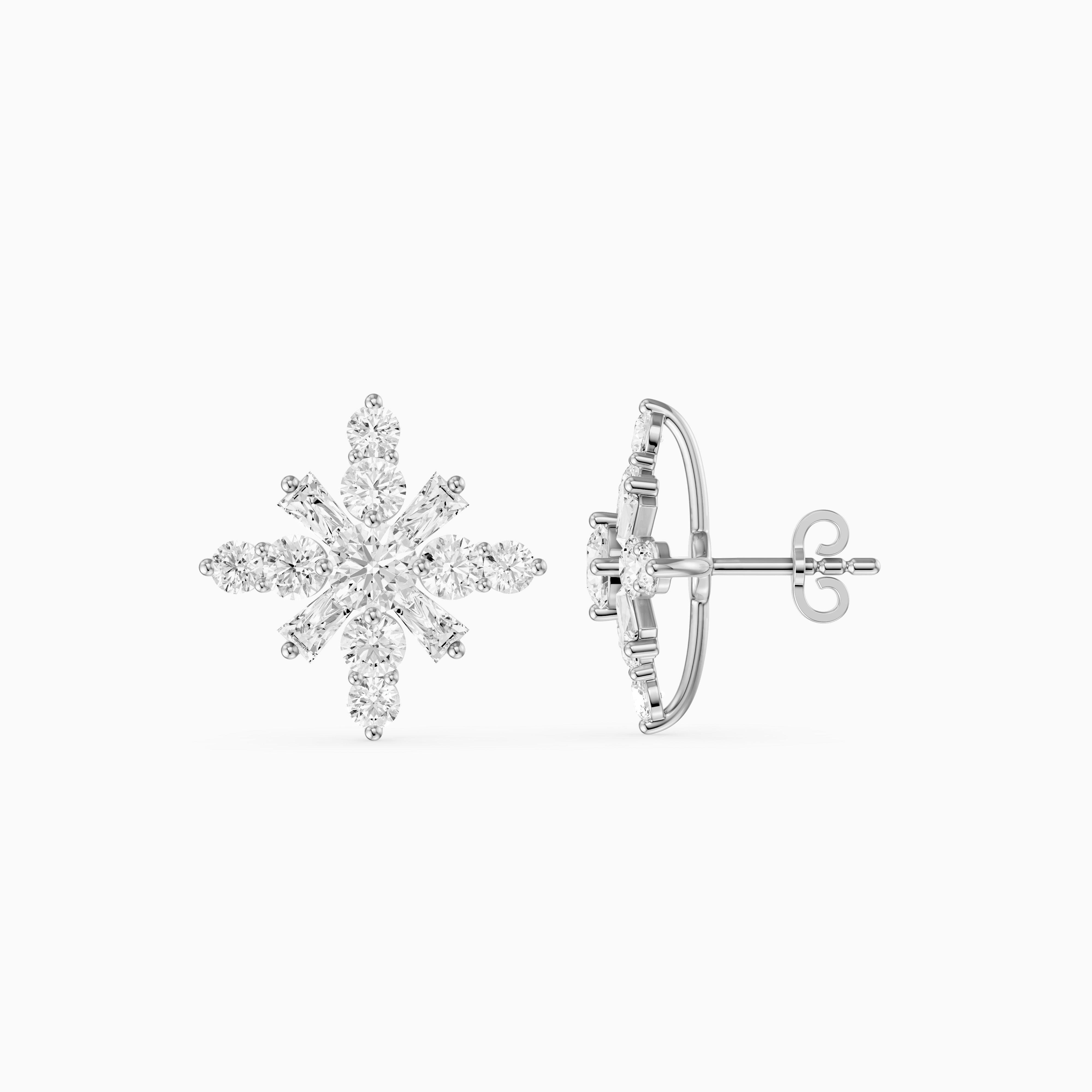 Veerle Round Cut and Tapered Baguette Lab Grown Diamond Snowflake Stud Earrings