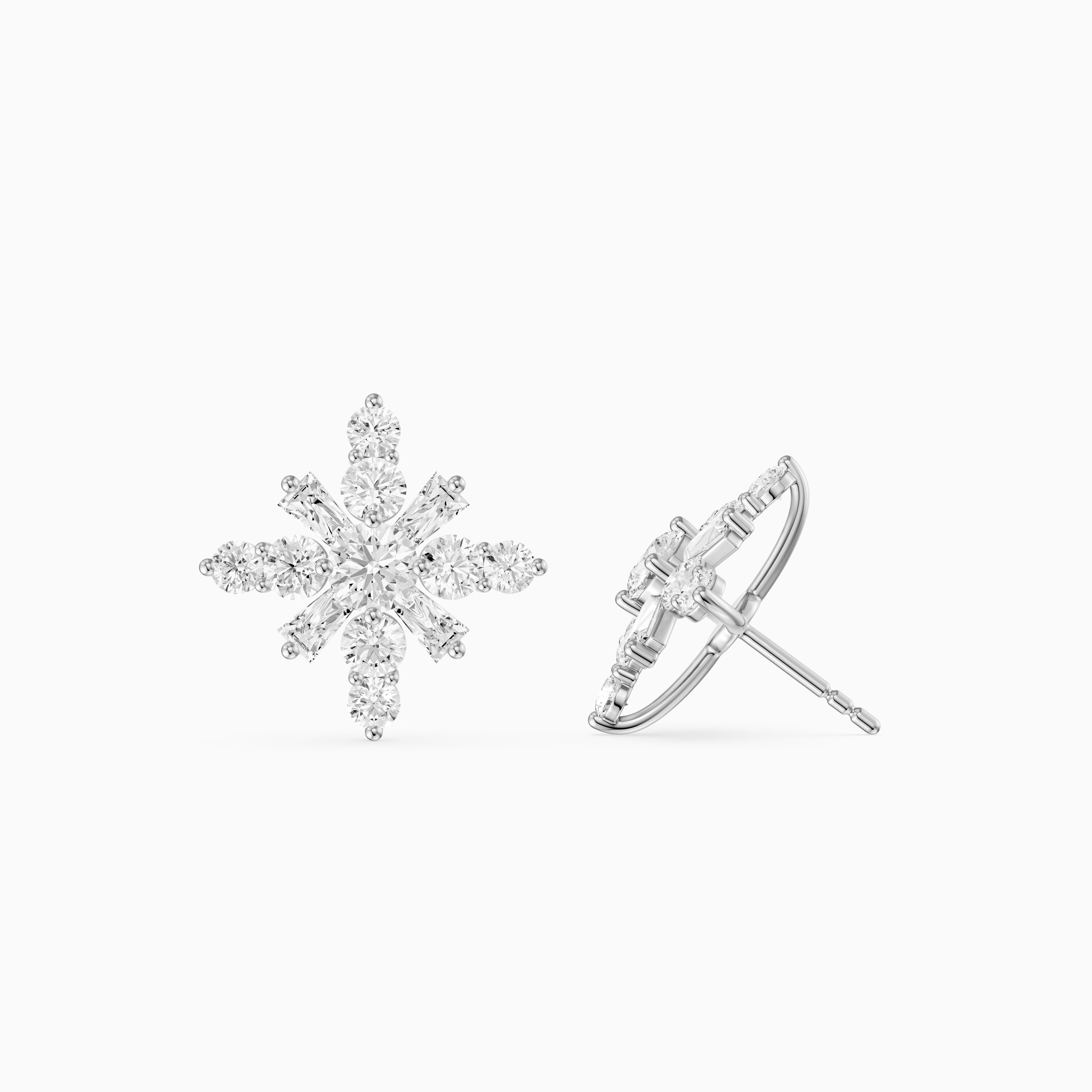 Veerle Round Cut and Tapered Baguette Lab Grown Diamond Snowflake Stud Earrings