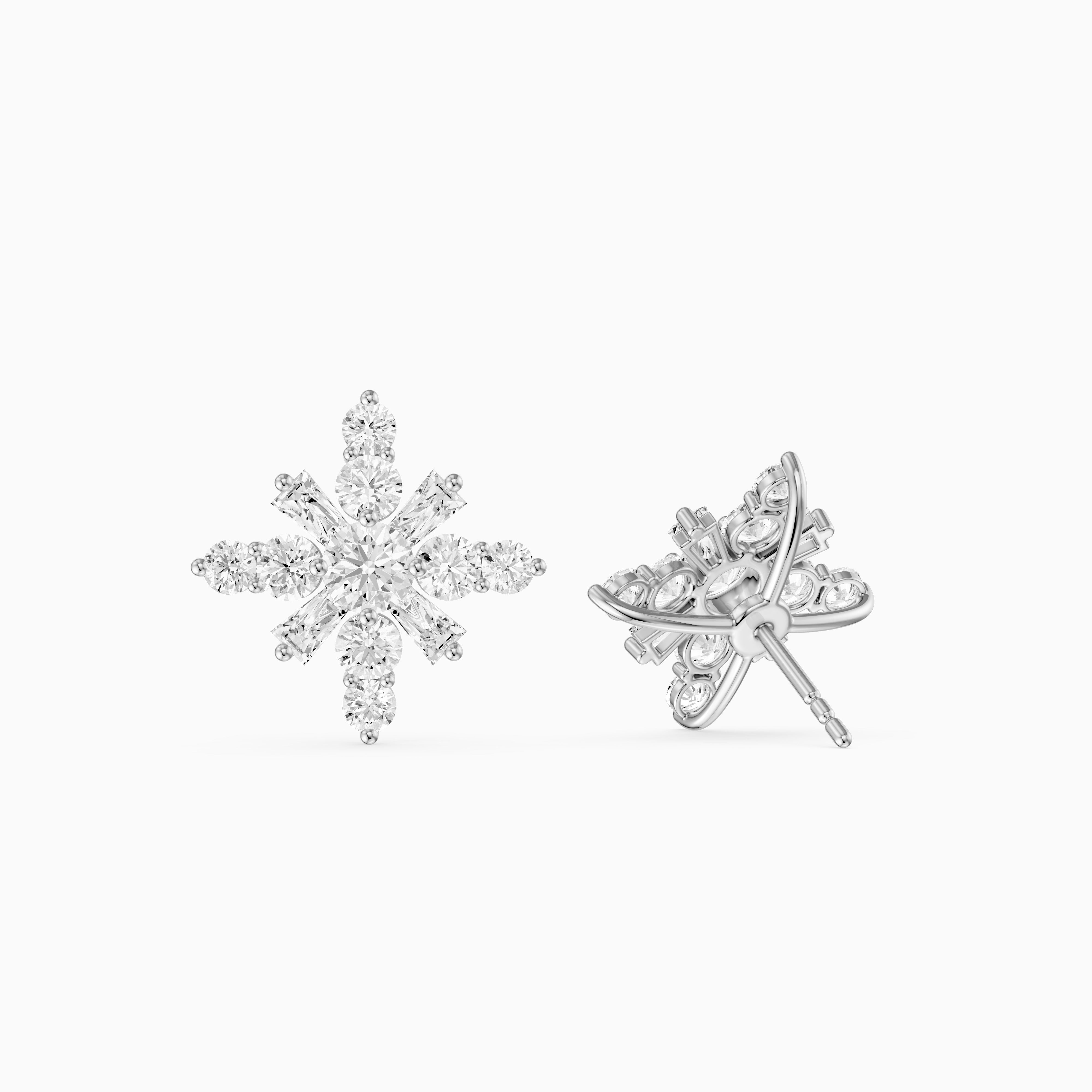 Veerle Round Cut and Tapered Baguette Lab Grown Diamond Snowflake Stud Earrings