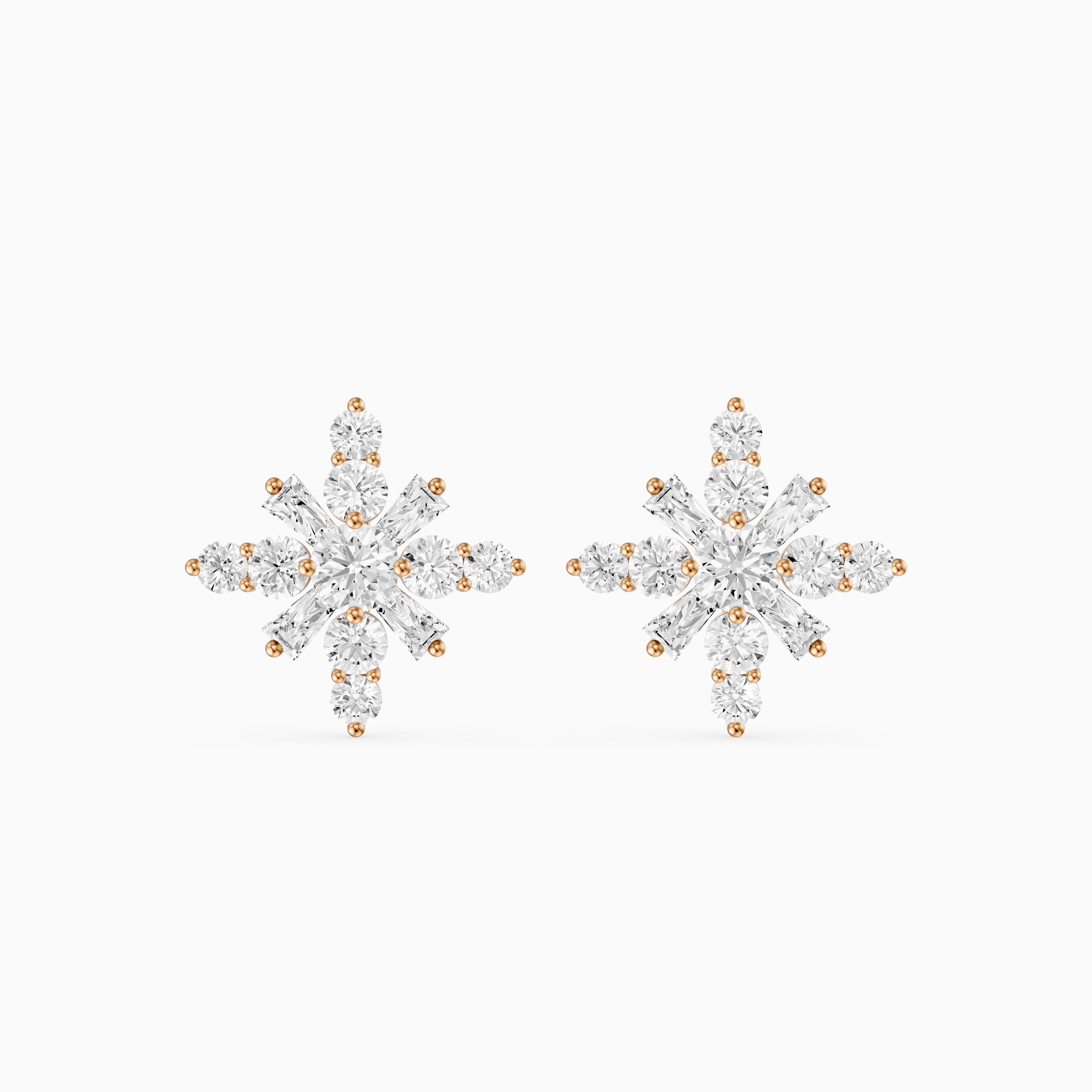 Veerle Round Cut and Tapered Baguette Lab Grown Diamond Snowflake Stud Earrings