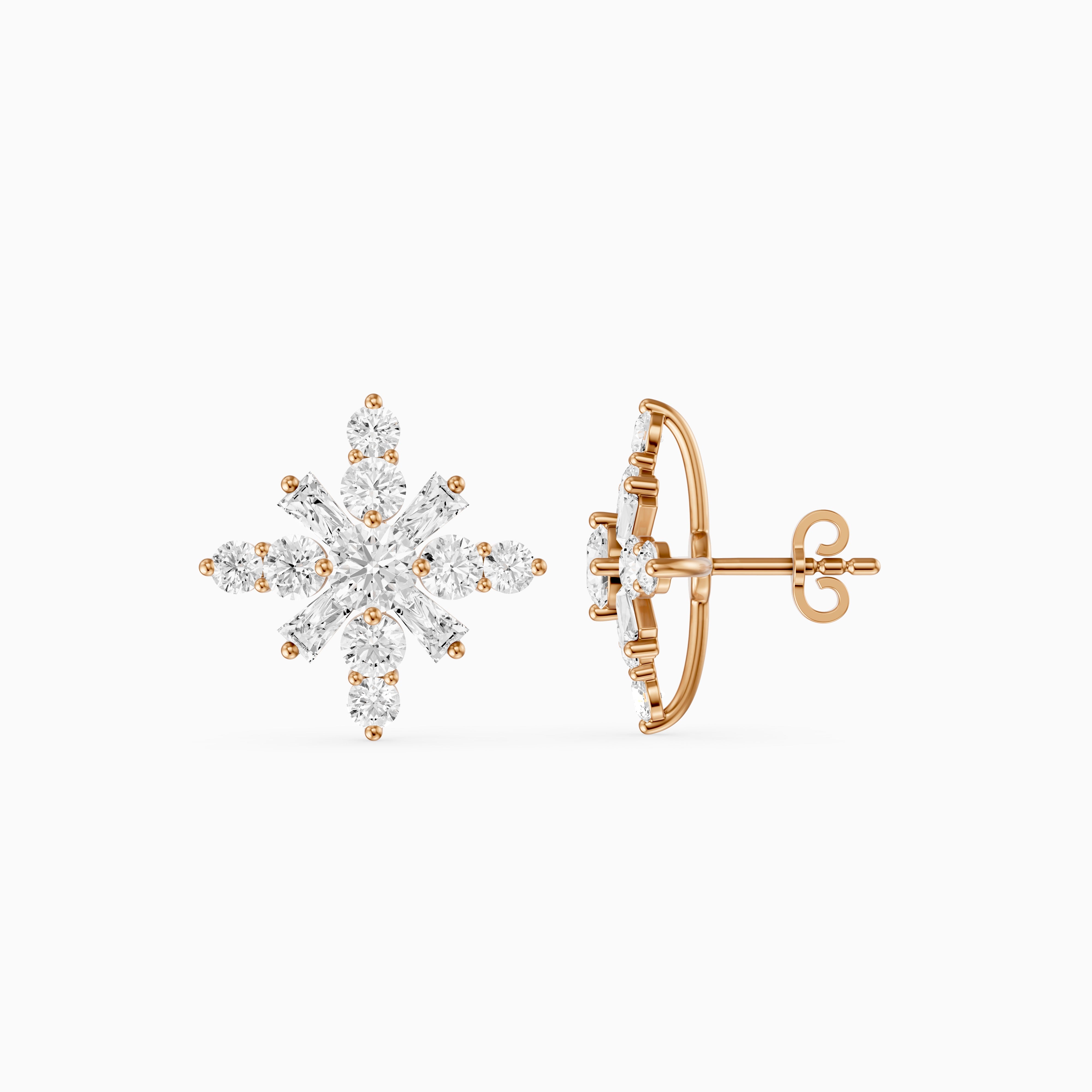 Veerle Round Cut and Tapered Baguette Lab Grown Diamond Snowflake Stud Earrings