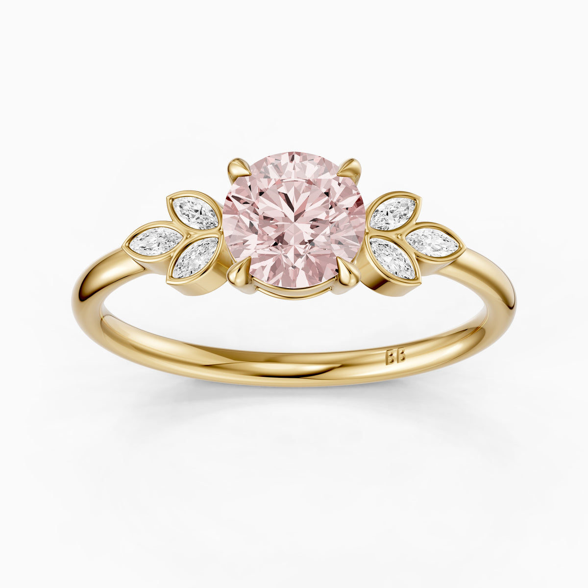 Ainslie Round Pink Lab Grown Diamond Ring with Floral Marquise Side Stones