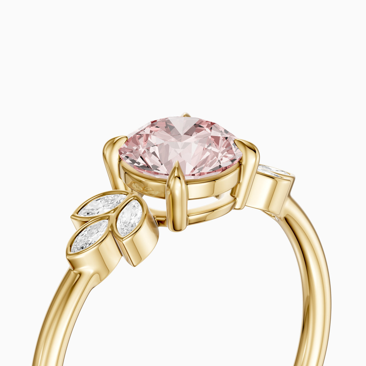 Ainslie Round Pink Lab Grown Diamond Ring with Floral Marquise Side Stones