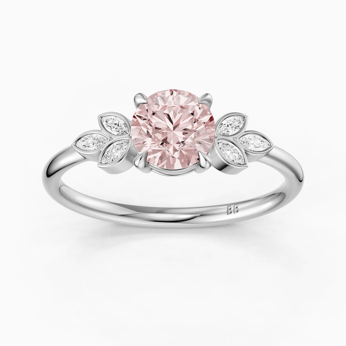 Ainslie Round Pink Lab Grown Diamond Ring with Floral Marquise Side Stones