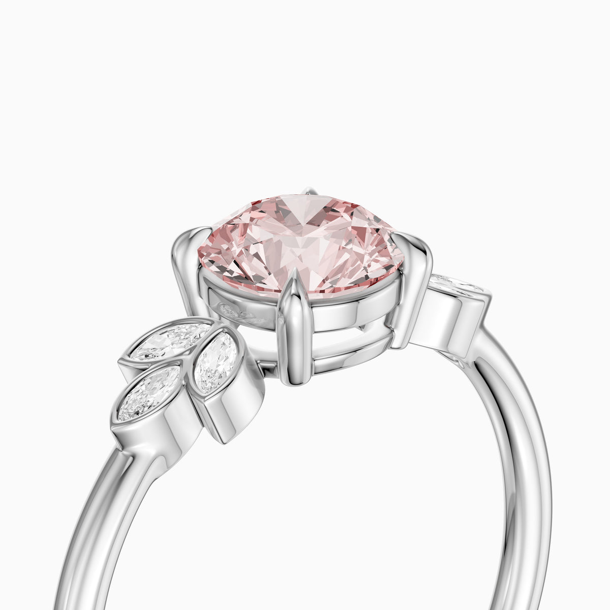 Ainslie Round Pink Lab Grown Diamond Ring with Floral Marquise Side Stones
