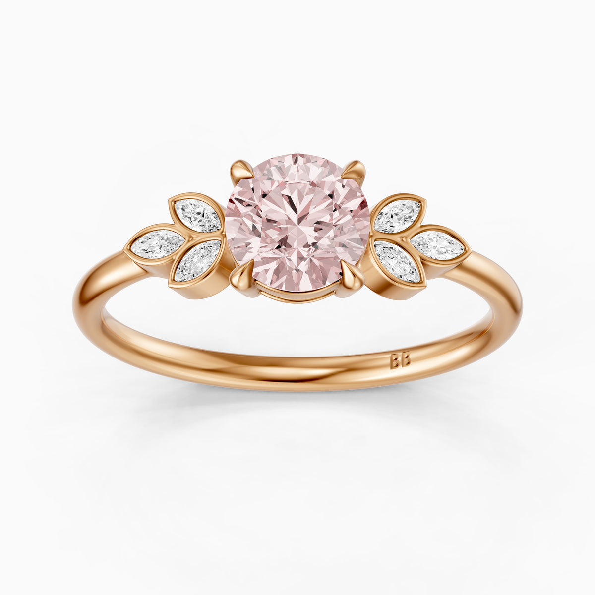 Ainslie Round Pink Lab Grown Diamond Ring with Floral Marquise Side Stones