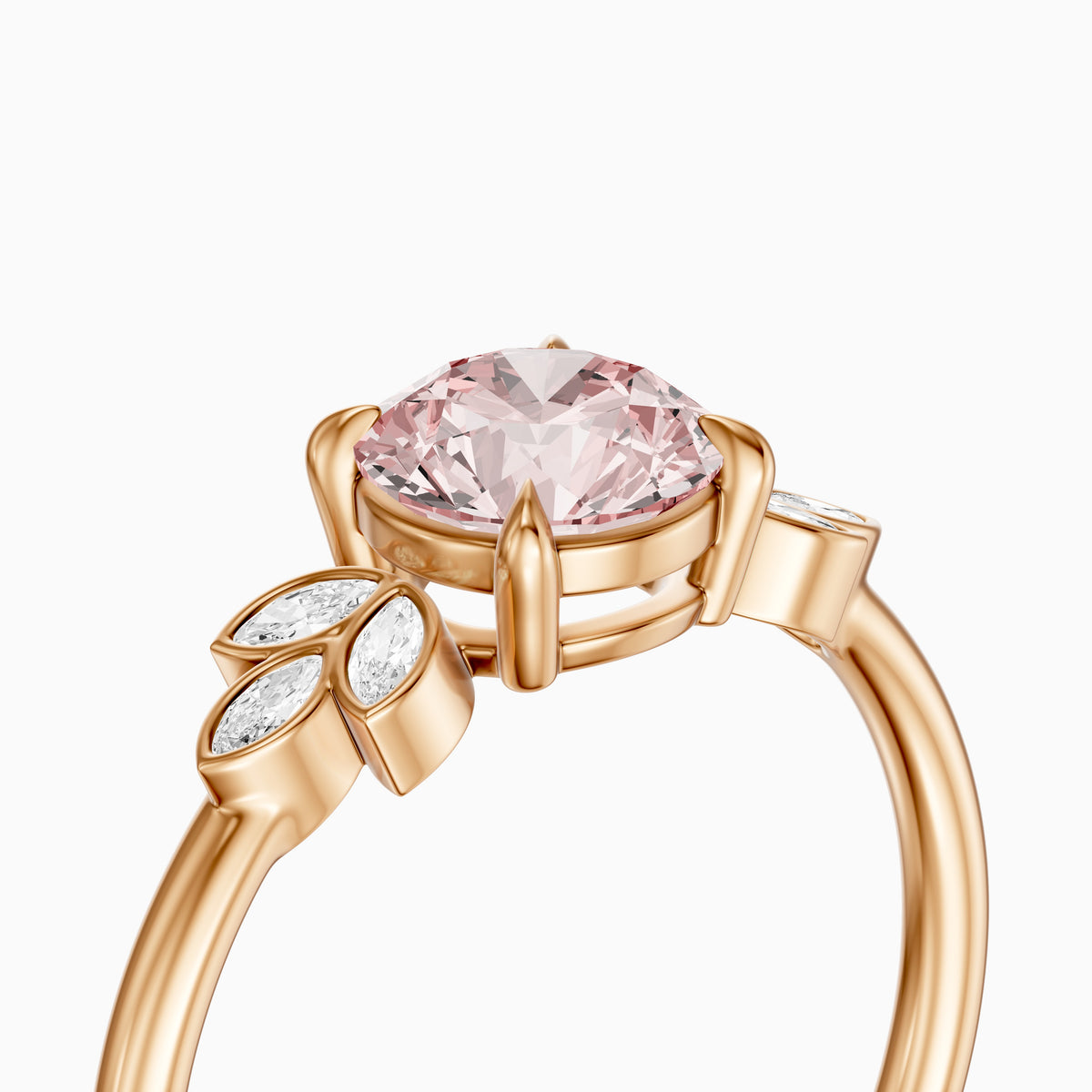 Ainslie Round Pink Lab Grown Diamond Ring with Floral Marquise Side Stones