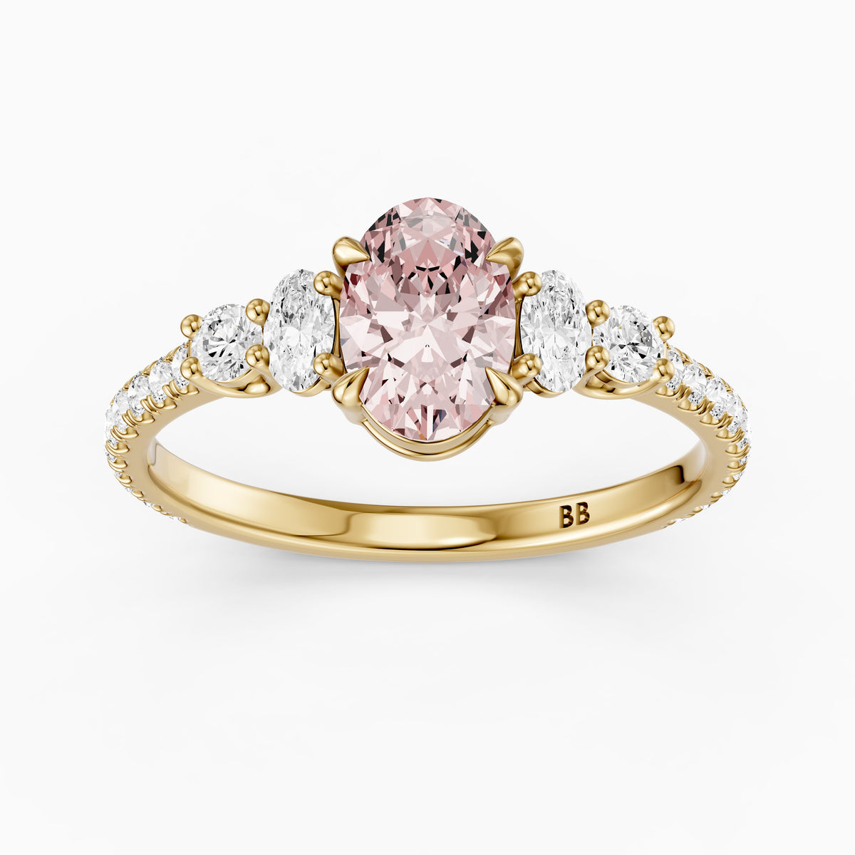Eska Oval Cut Pink Lab Grown Diamond Ring with Oval and Round Side Diamonds