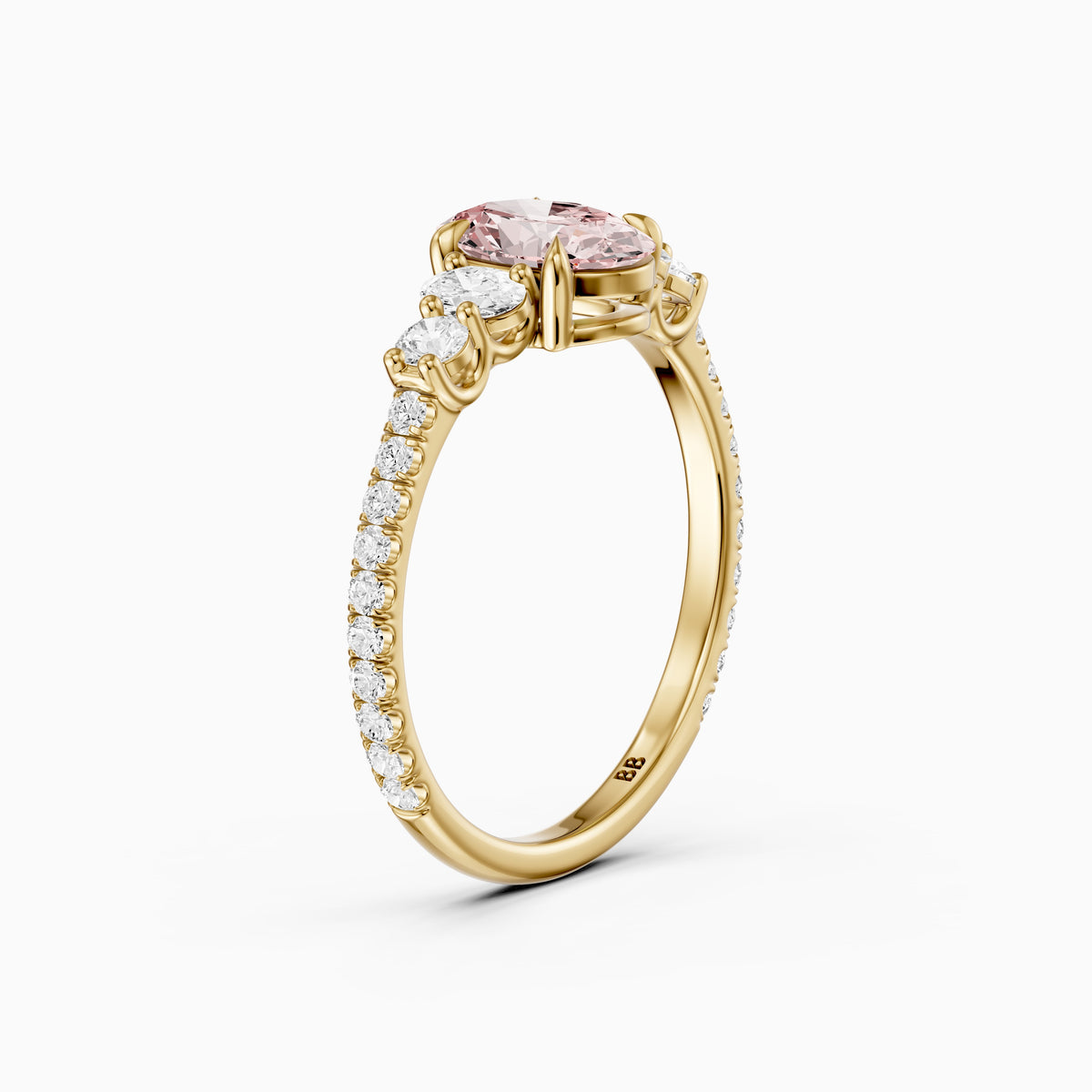Eska Oval Cut Pink Lab Grown Diamond Ring with Oval and Round Side Diamonds