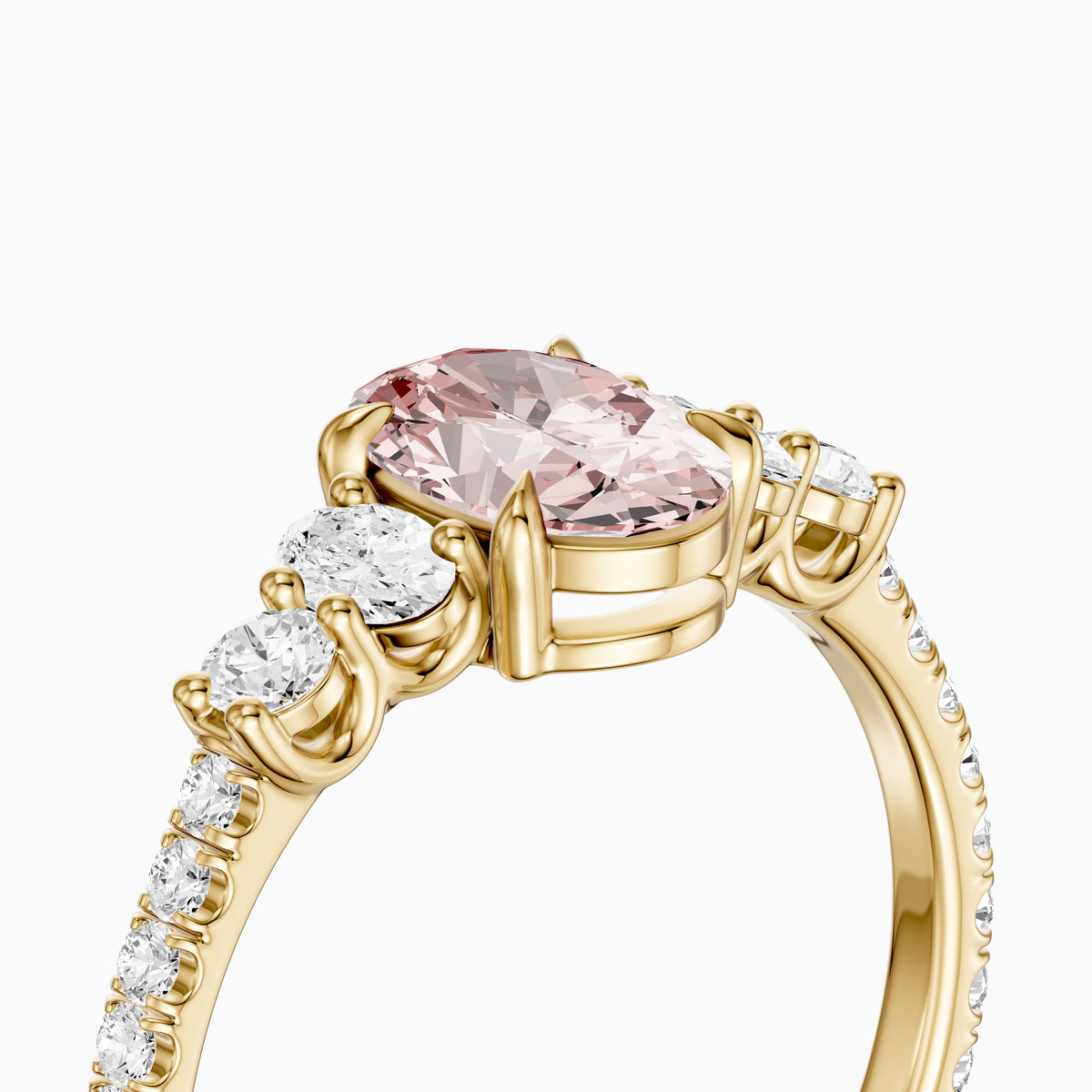 Eska Oval Cut Pink Lab Grown Diamond Ring with Oval and Round Side Diamonds