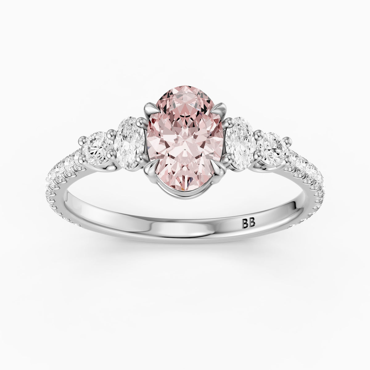 Eska Oval Cut Pink Lab Grown Diamond Ring with Oval and Round Side Diamonds