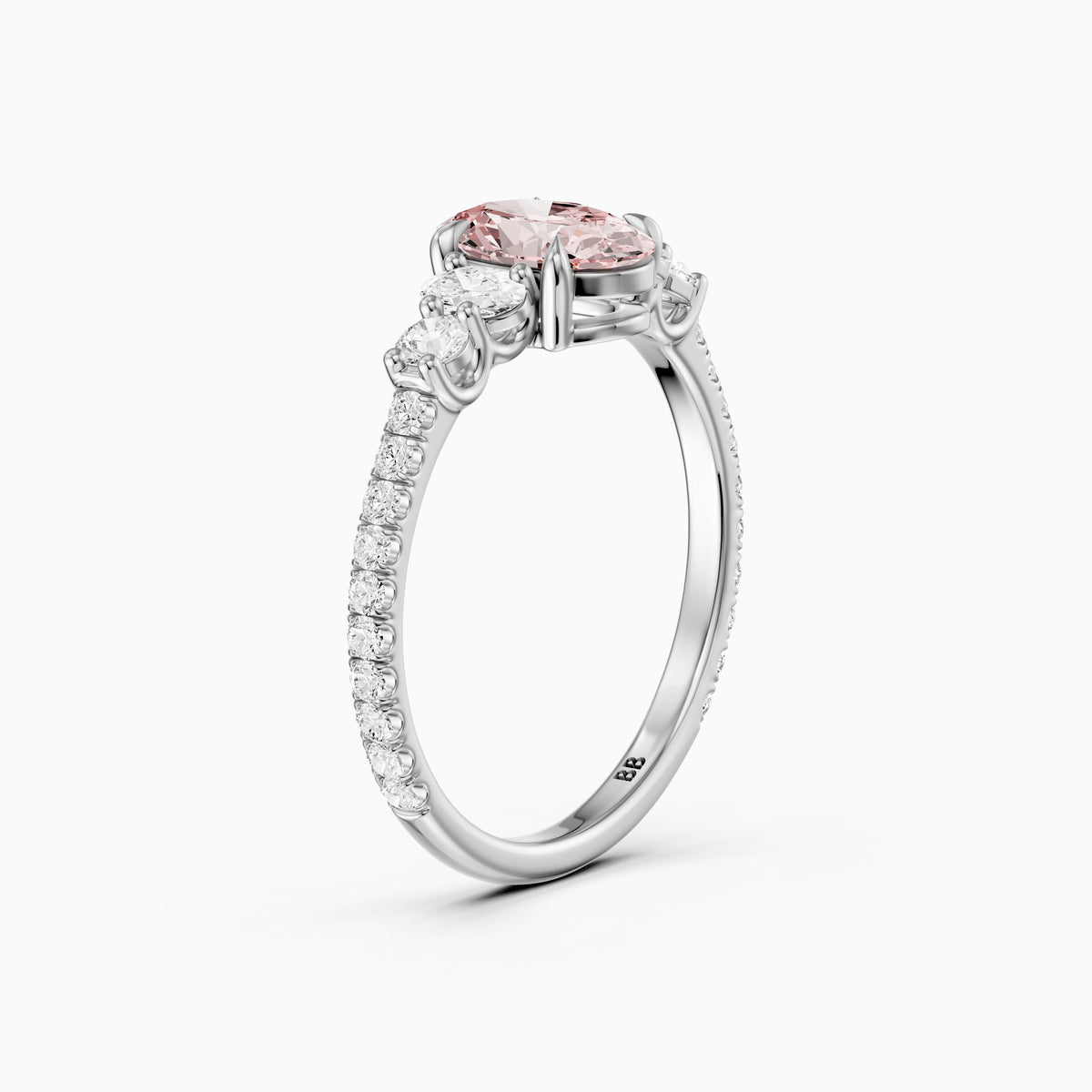 Eska Oval Cut Pink Lab Grown Diamond Ring with Oval and Round Side Diamonds