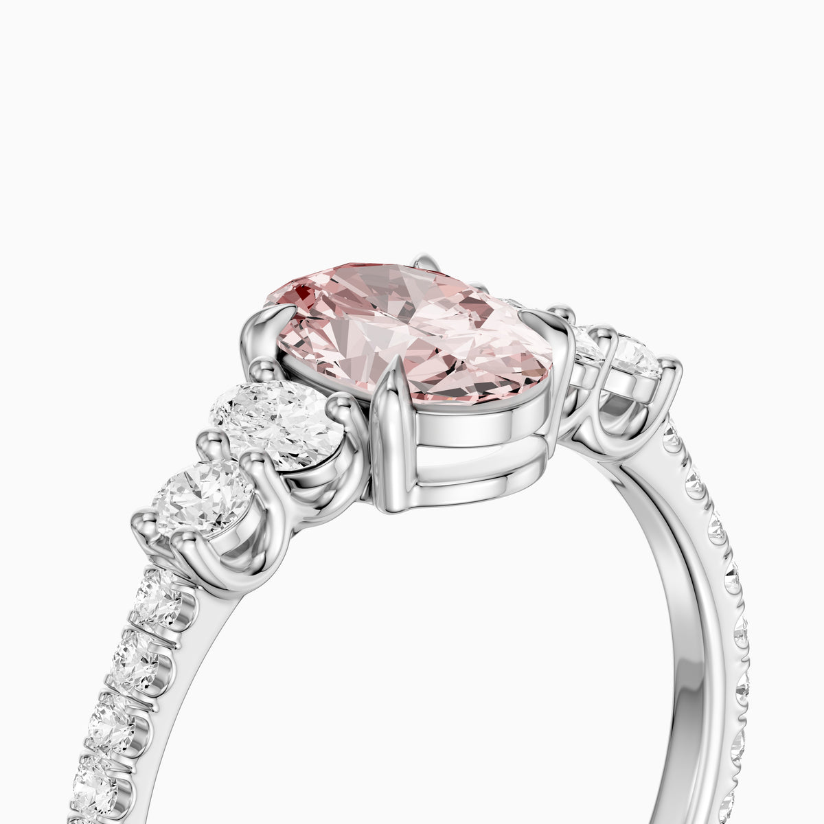 Eska Oval Cut Pink Lab Grown Diamond Ring with Oval and Round Side Diamonds