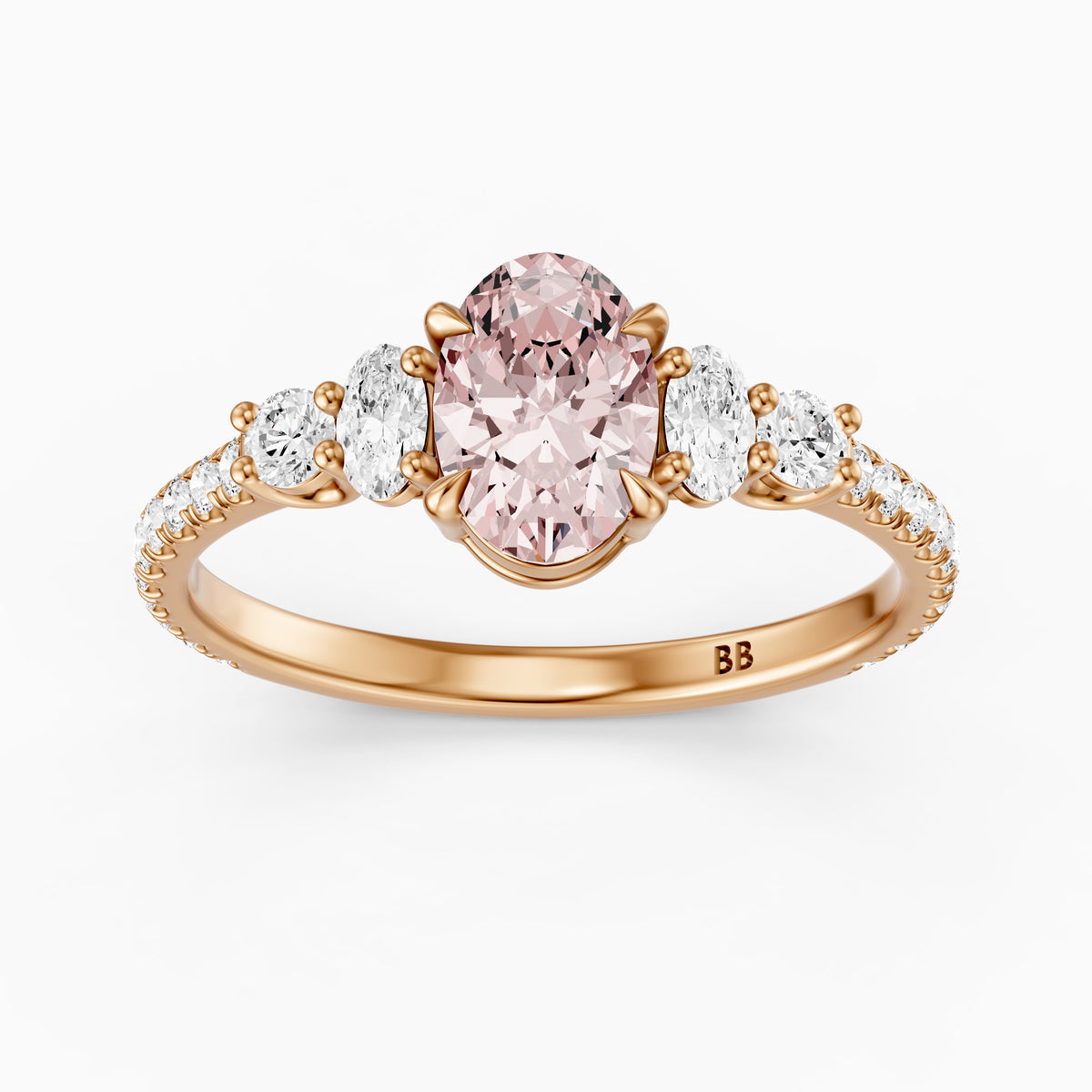 Eska Oval Cut Pink Lab Grown Diamond Ring with Oval and Round Side Diamonds
