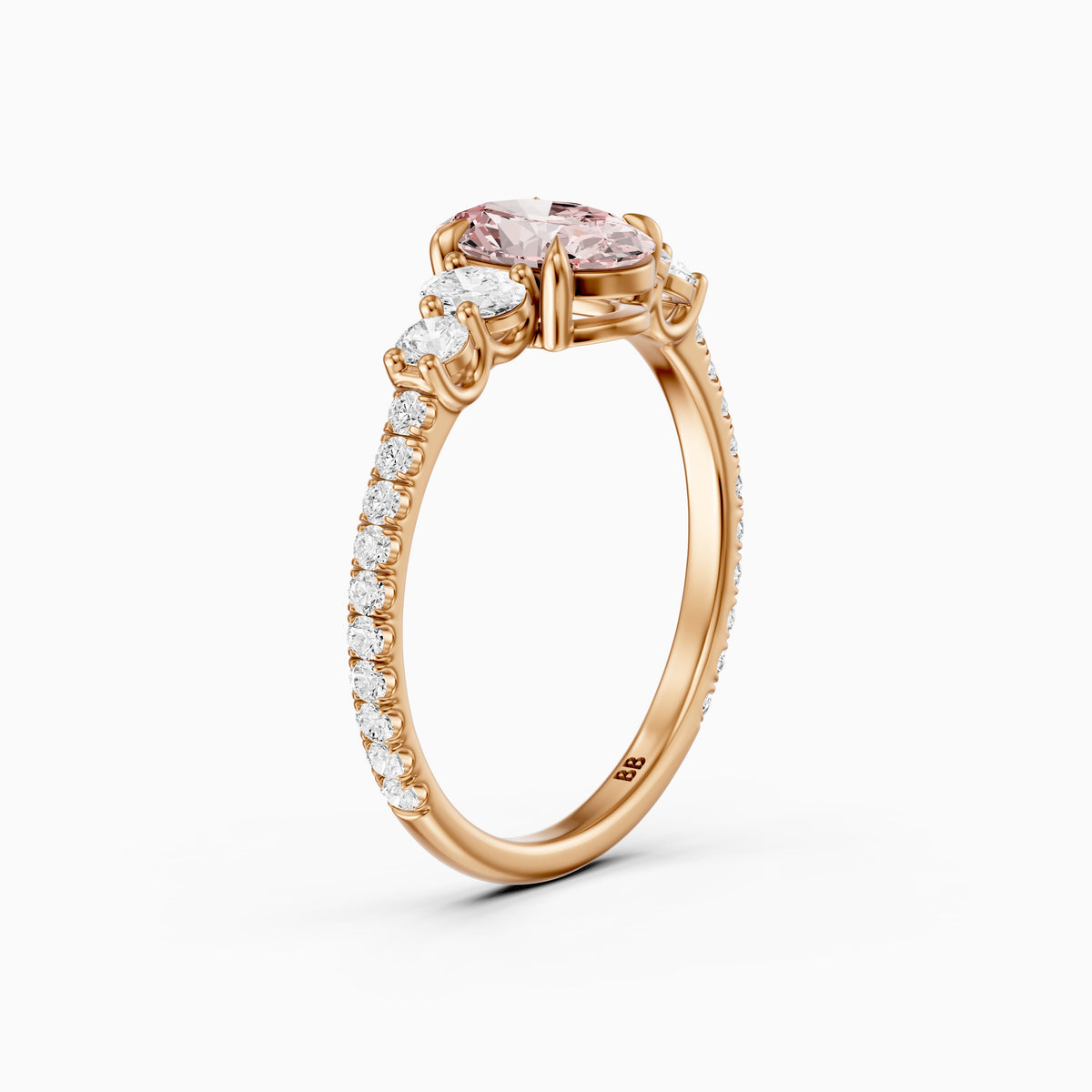 Eska Oval Cut Pink Lab Grown Diamond Ring with Oval and Round Side Diamonds