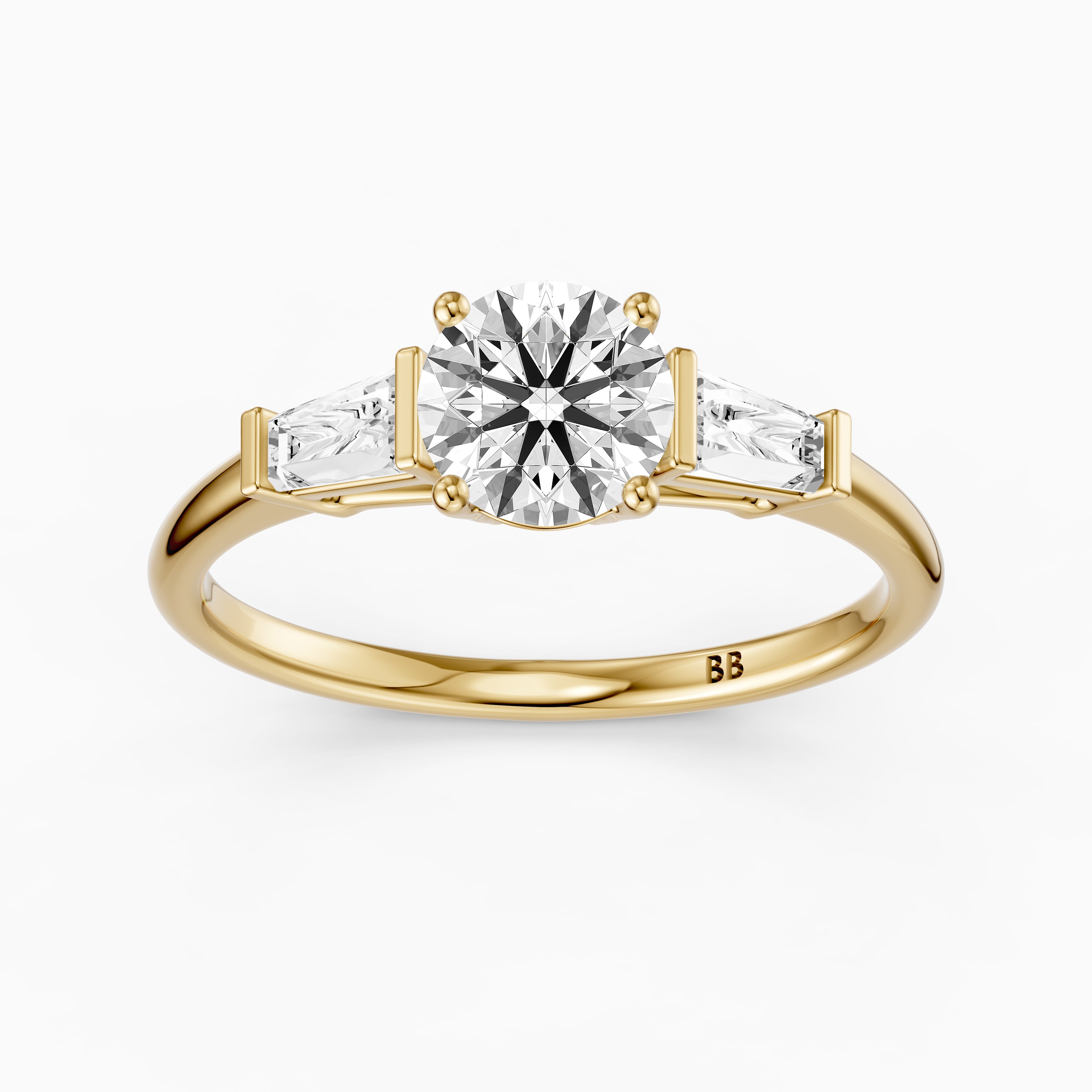 Kelcie Round 3 Stone Moissanite Diamond Ring With Baguette Side Stones