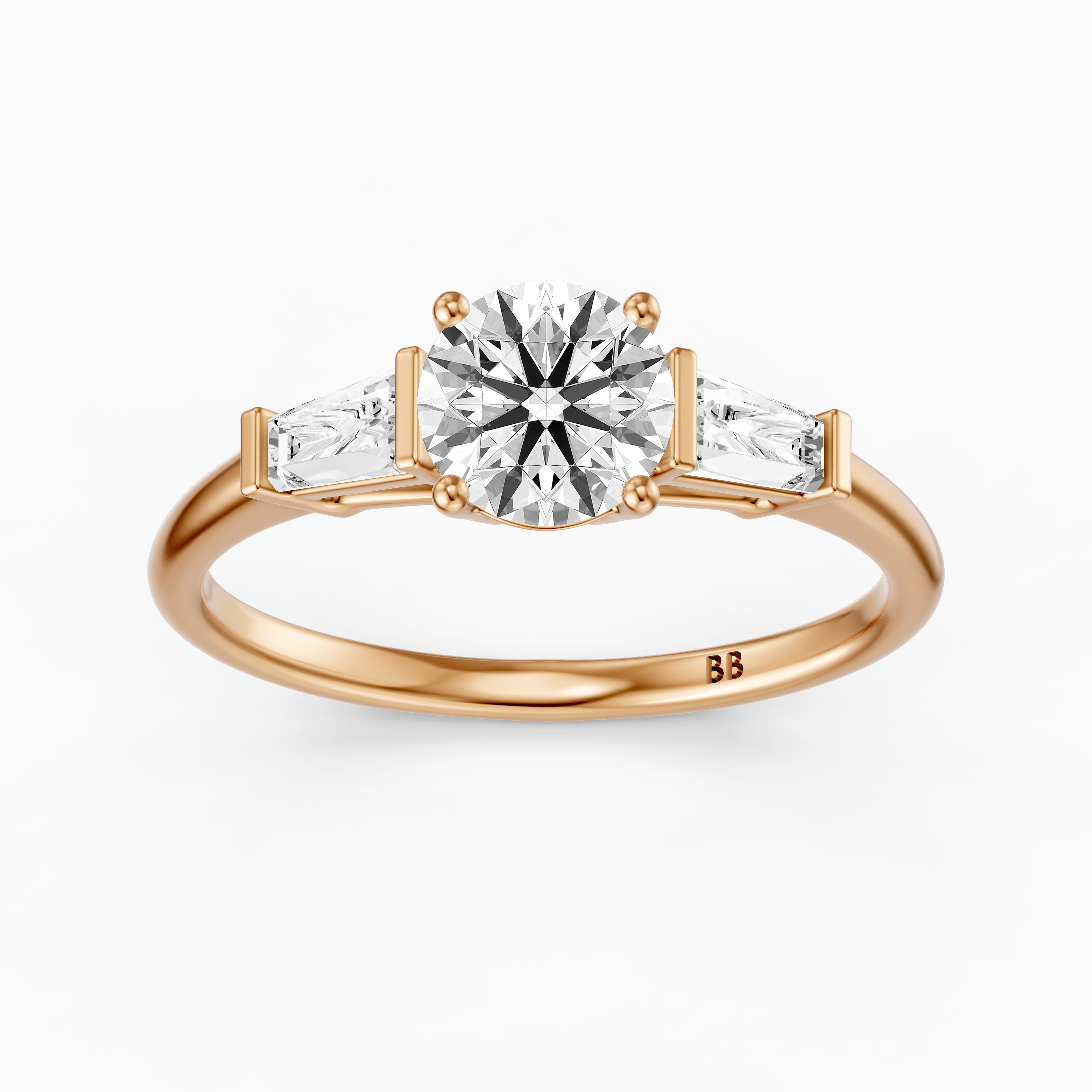 Kelcie Round 3 Stone Moissanite Diamond Ring With Baguette Side Stones