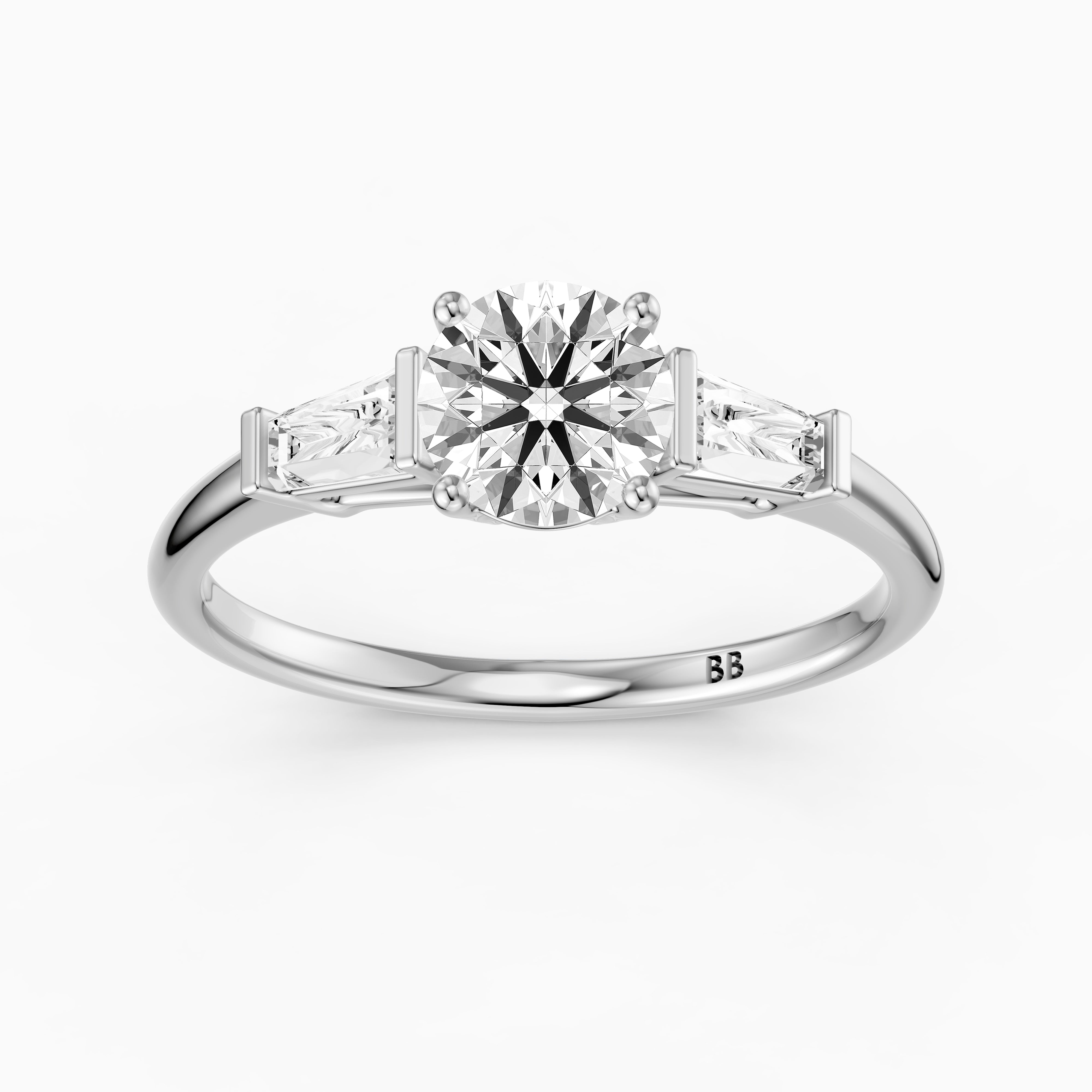 Kelcie Round 3 Stone Moissanite Diamond Ring With Baguette Side Stones