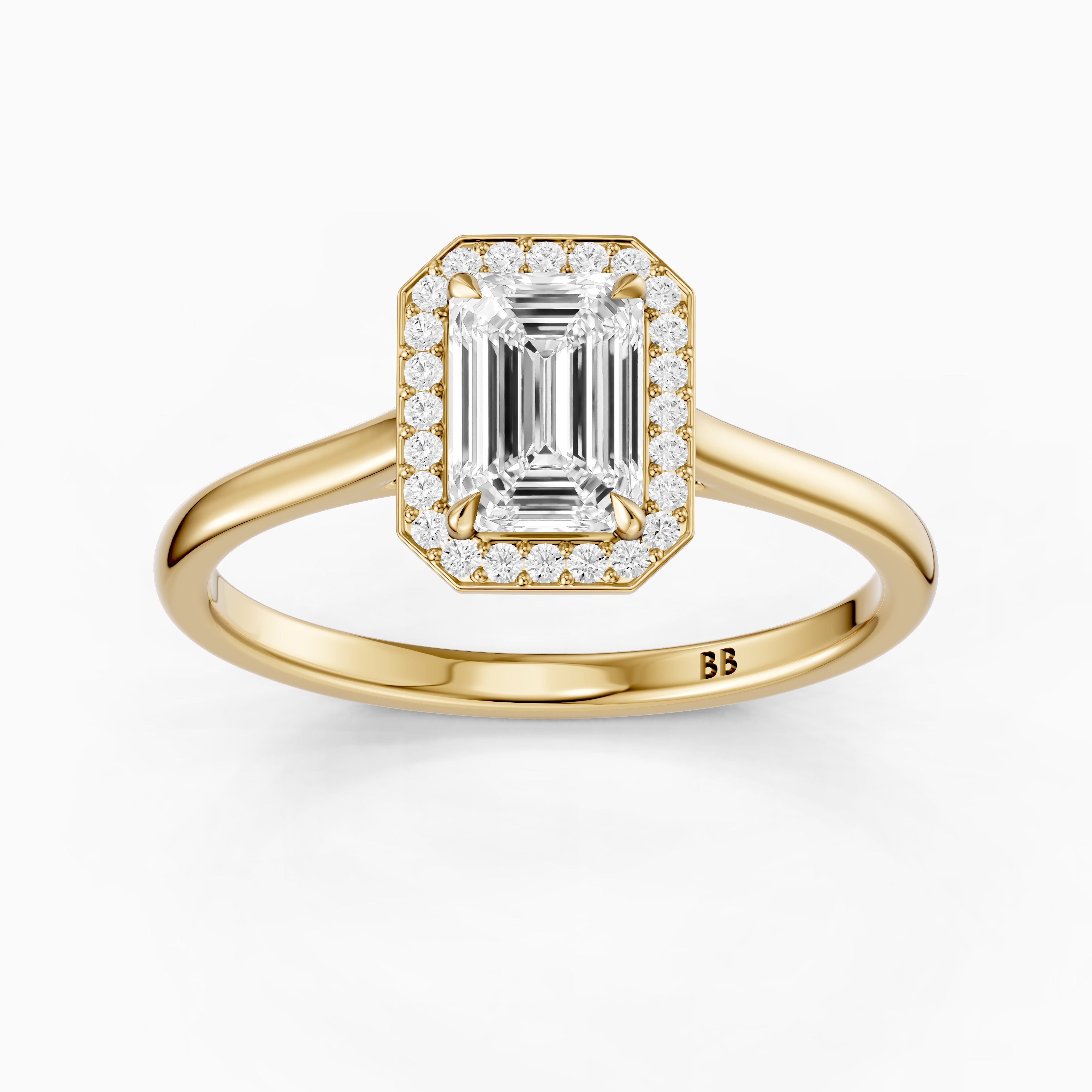 Ailani 4 Prong Emerald Cut Halo Cathedral Moissanite Diamond Ring