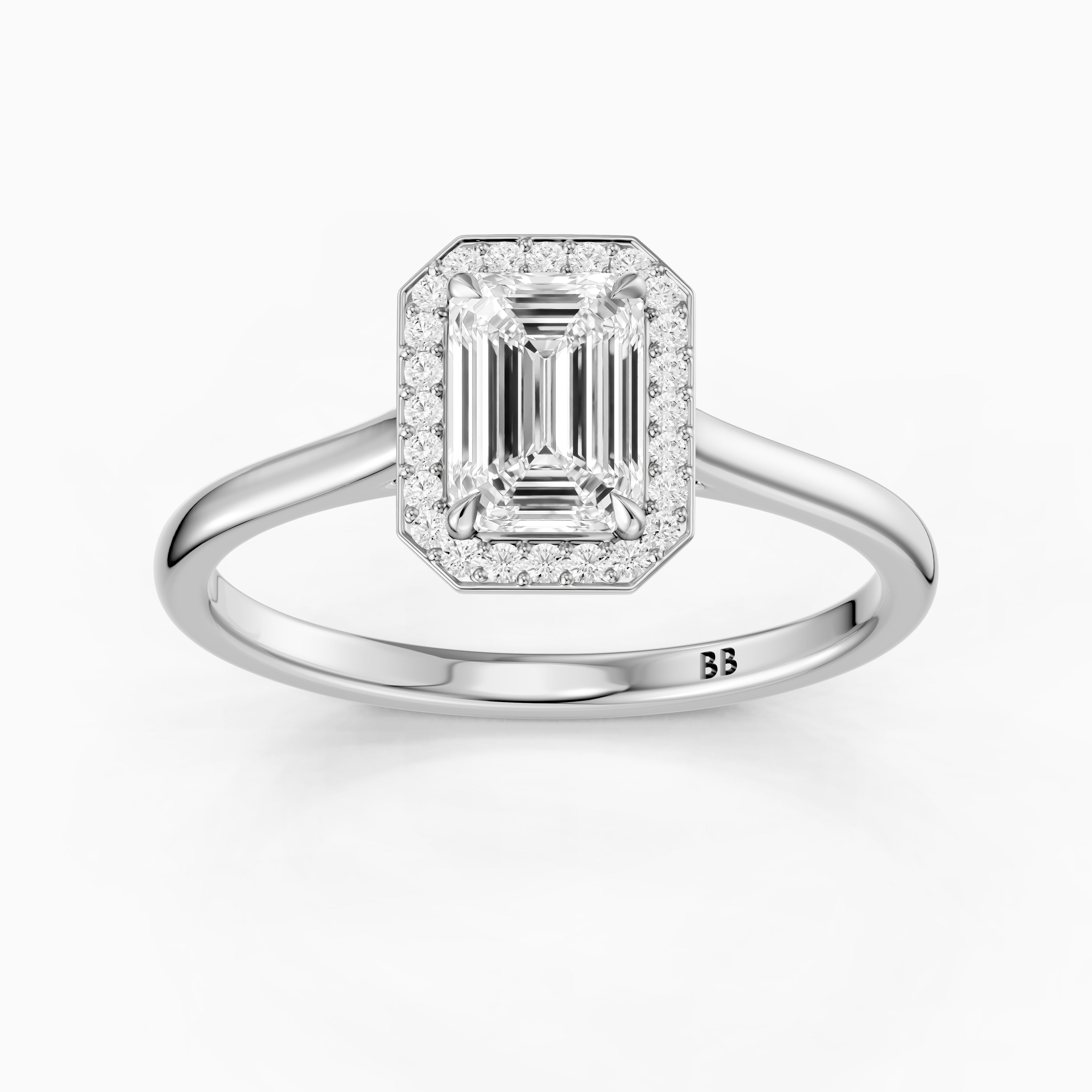 Ailani 4 Prong Emerald Cut Halo Cathedral Moissanite Diamond Ring