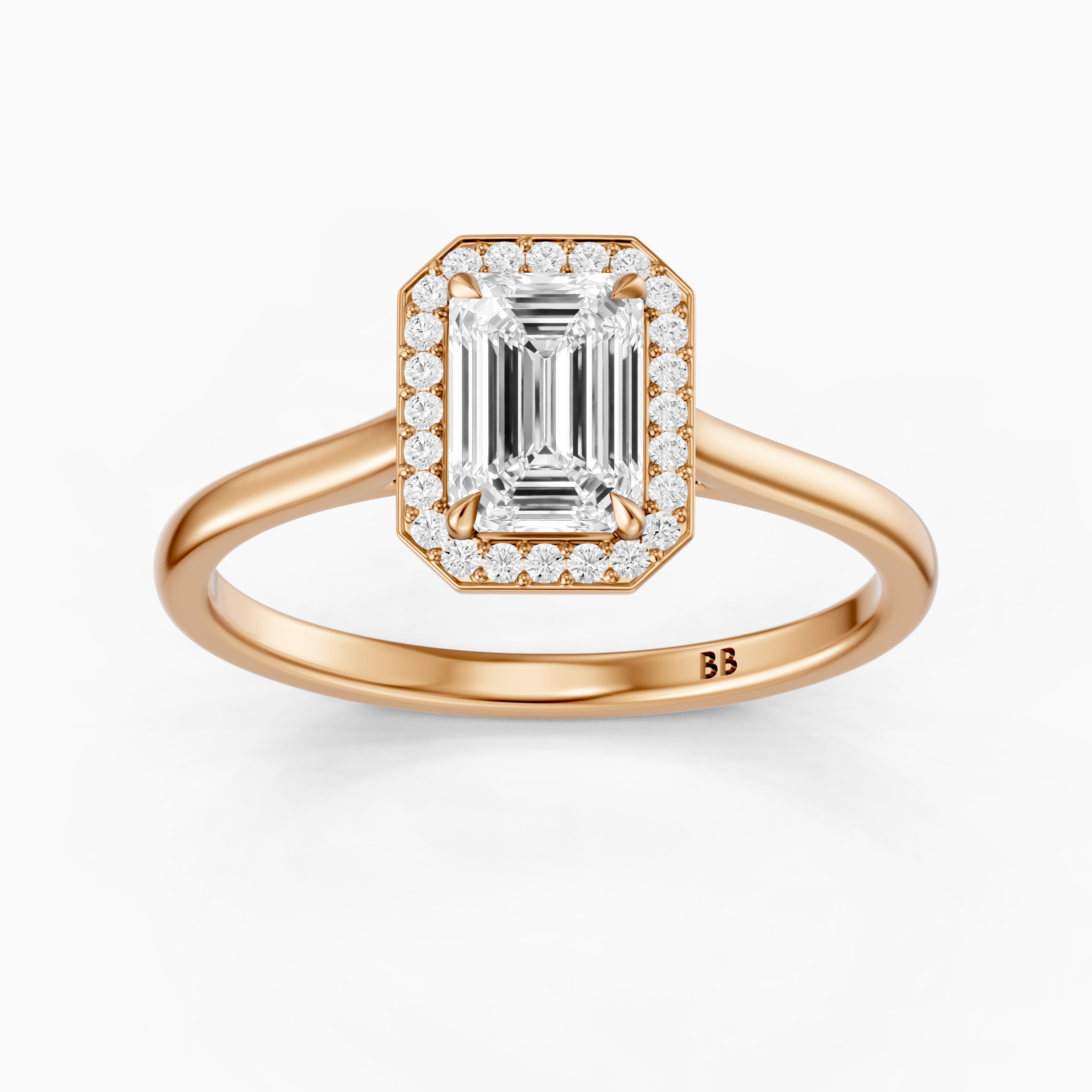 Ailani 4 Prong Emerald Cut Halo Cathedral Moissanite Diamond Ring