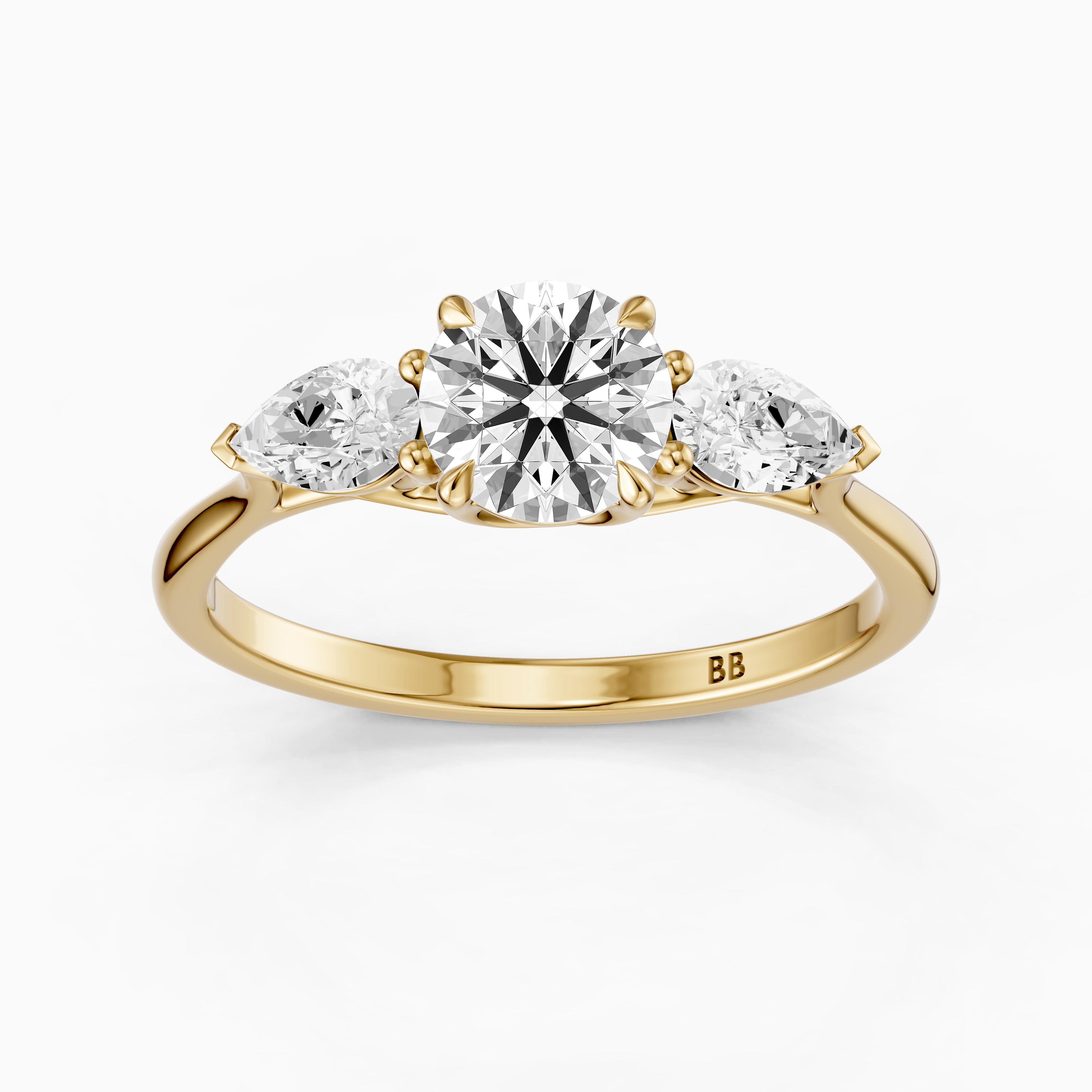 Emmill Three Stone Round Cut Moissanite Diamond Ring WIth Pear Side Stone
