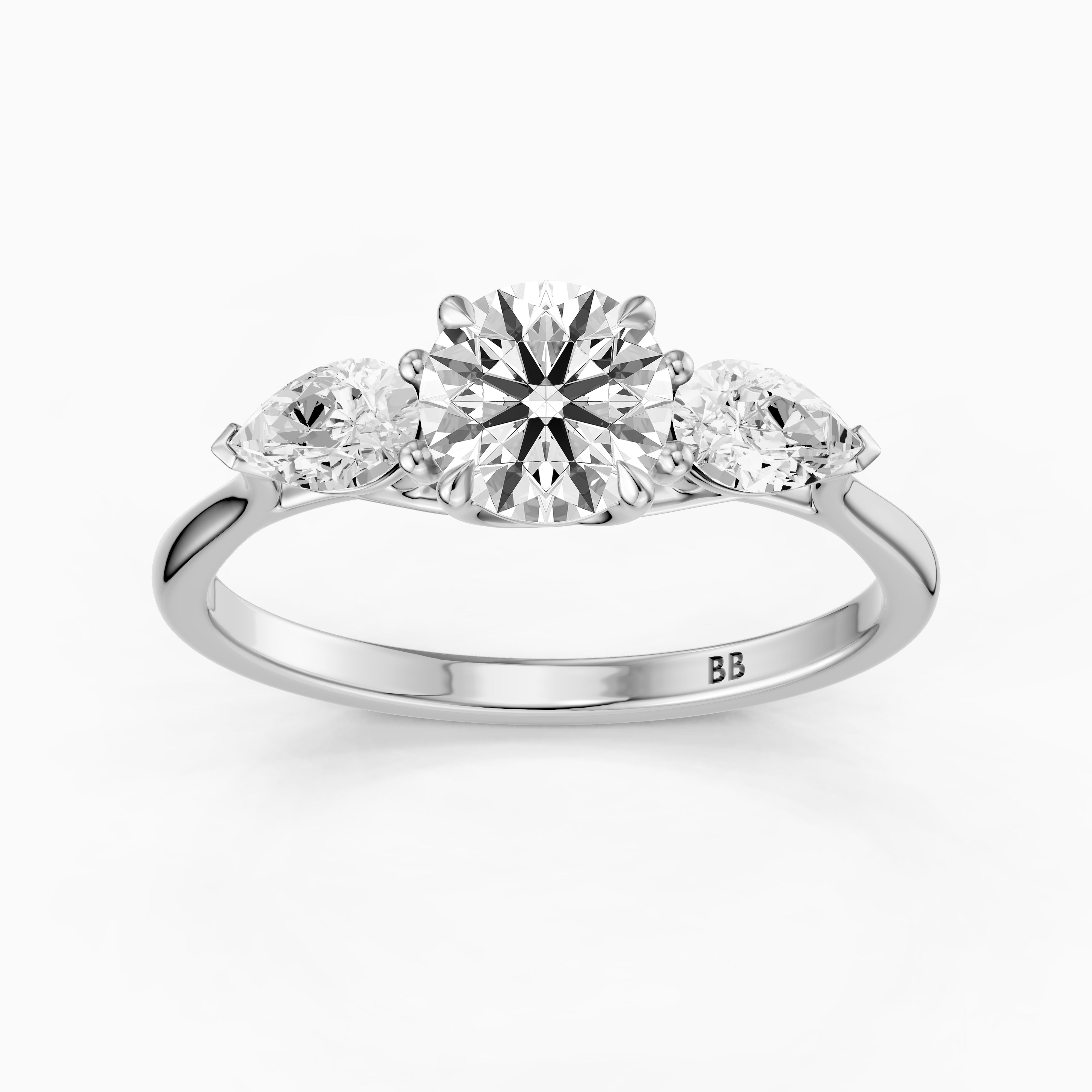 Emmill Three Stone Round Cut Moissanite Diamond Ring WIth Pear Side Stone