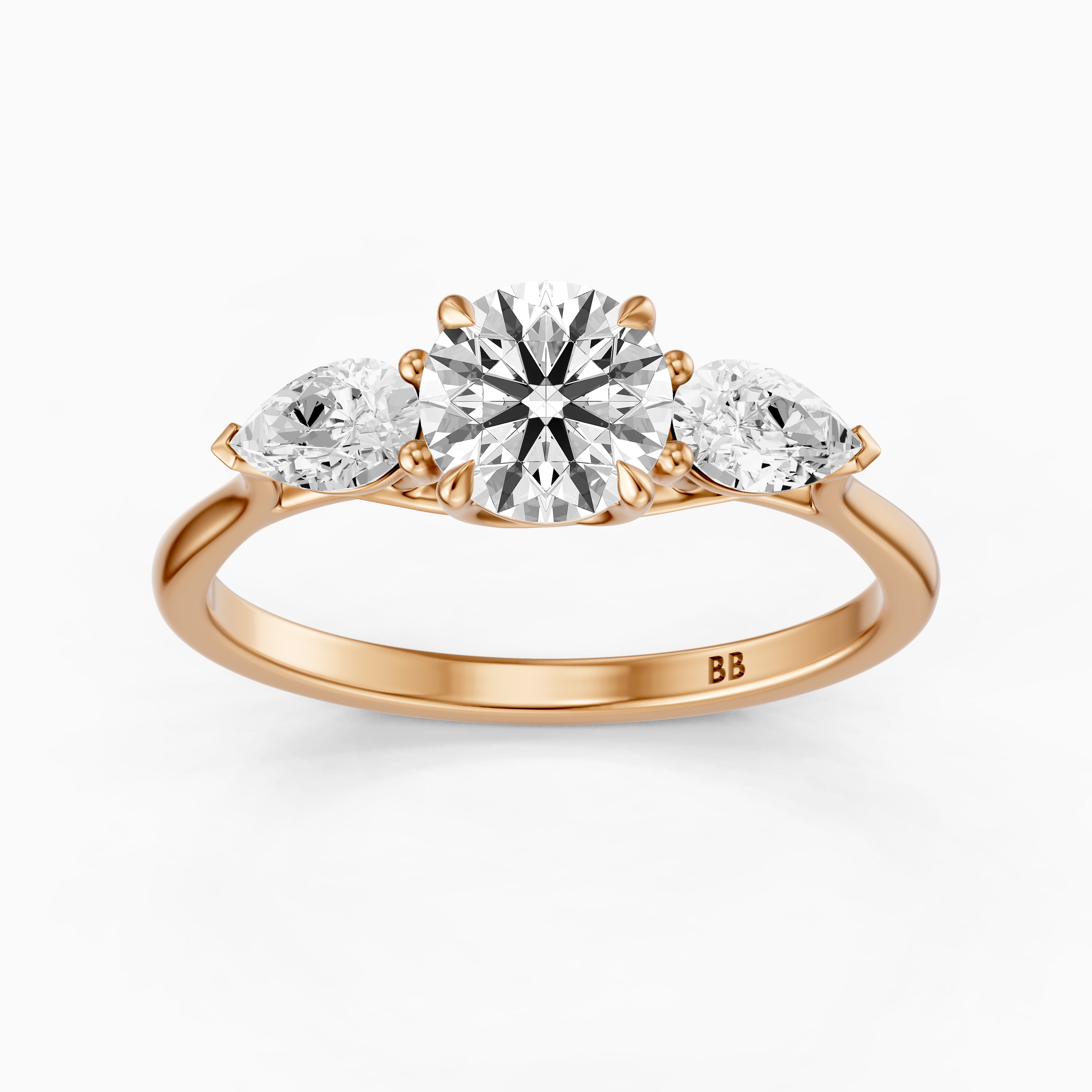 Emmill Three Stone Round Cut Moissanite Diamond Ring WIth Pear Side Stone