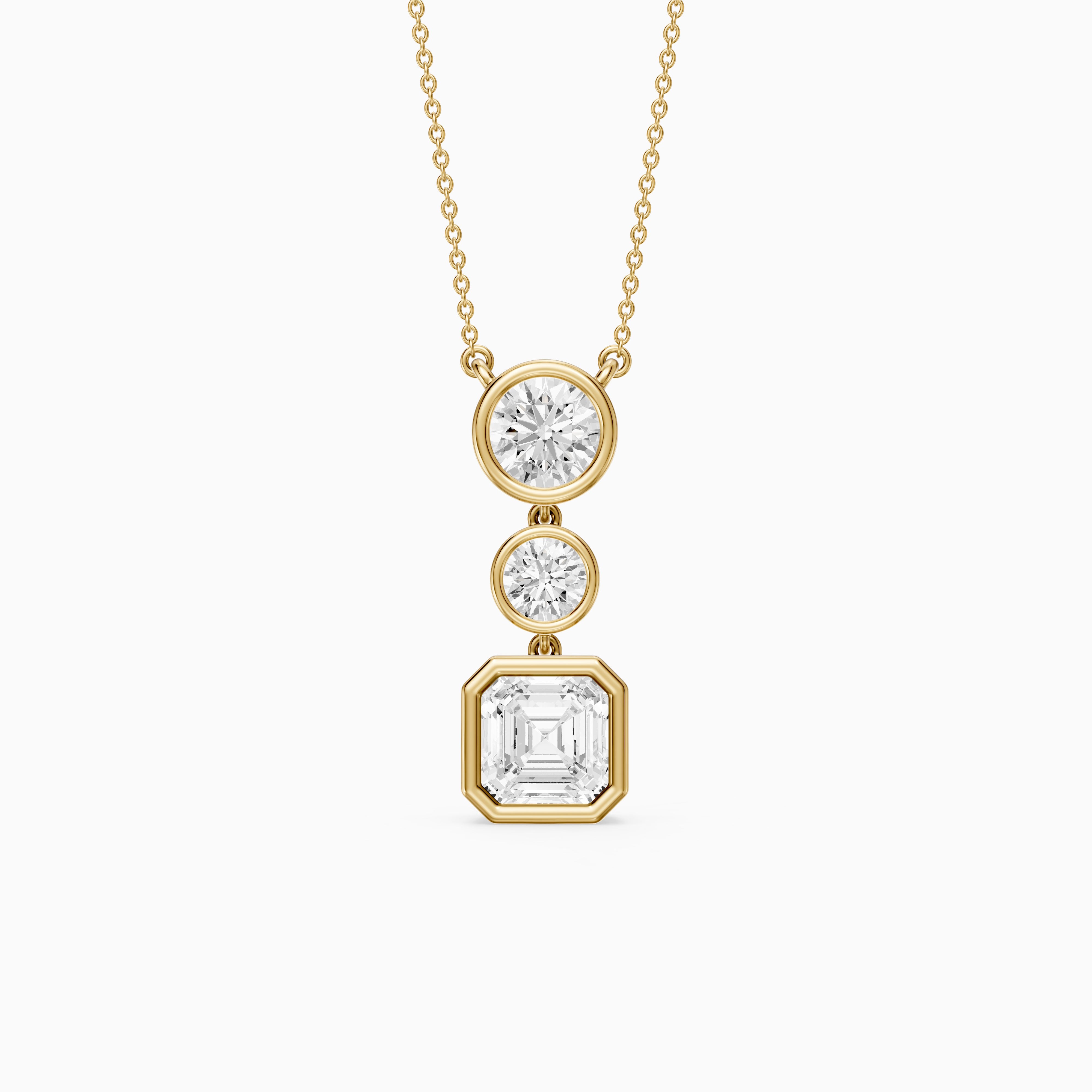 Vanessa Asscher Cut and Round Cut Lab Grown Diamond Bezel Three Stone Pendant
