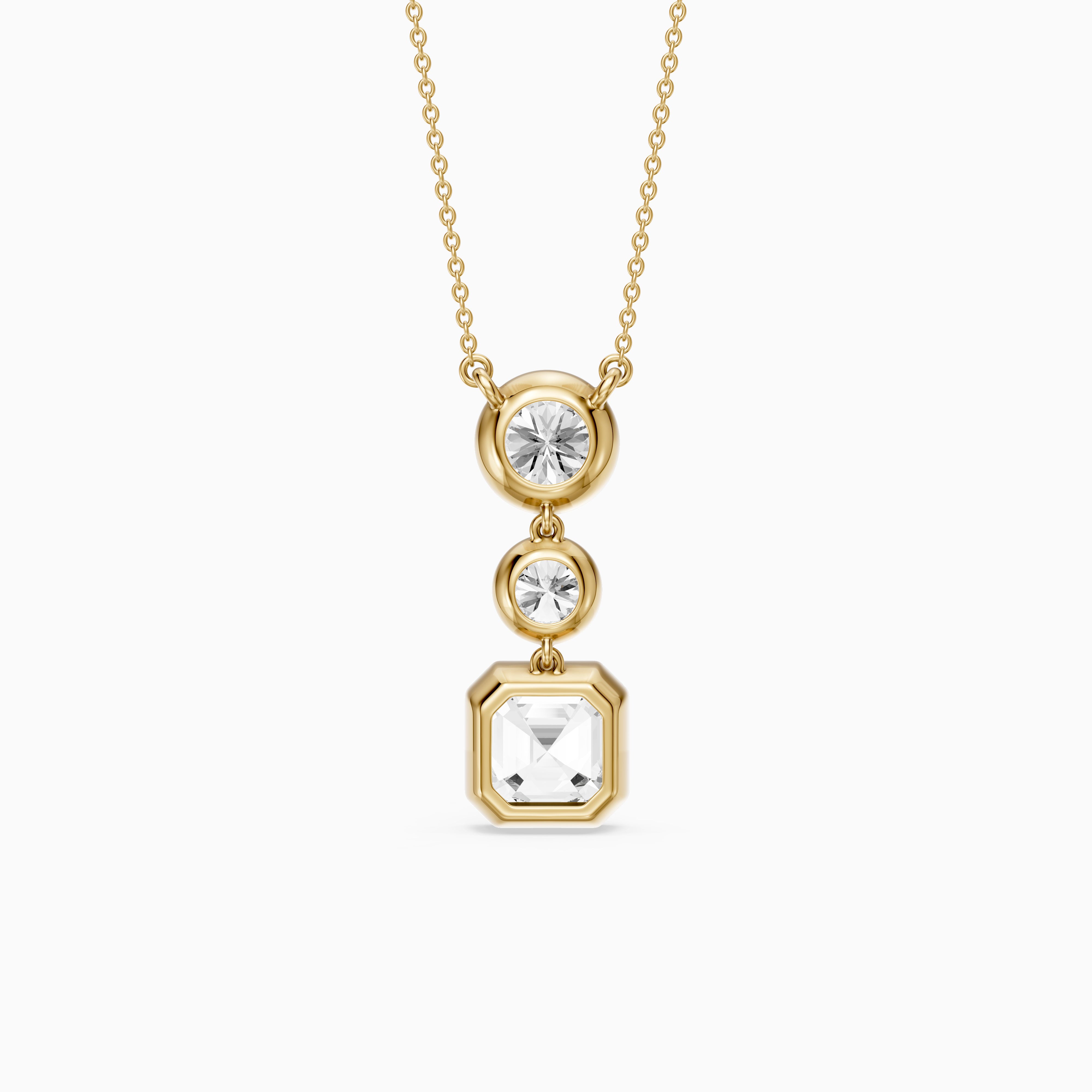 Vanessa Asscher Cut and Round Cut Lab Grown Diamond Bezel Three Stone Pendant
