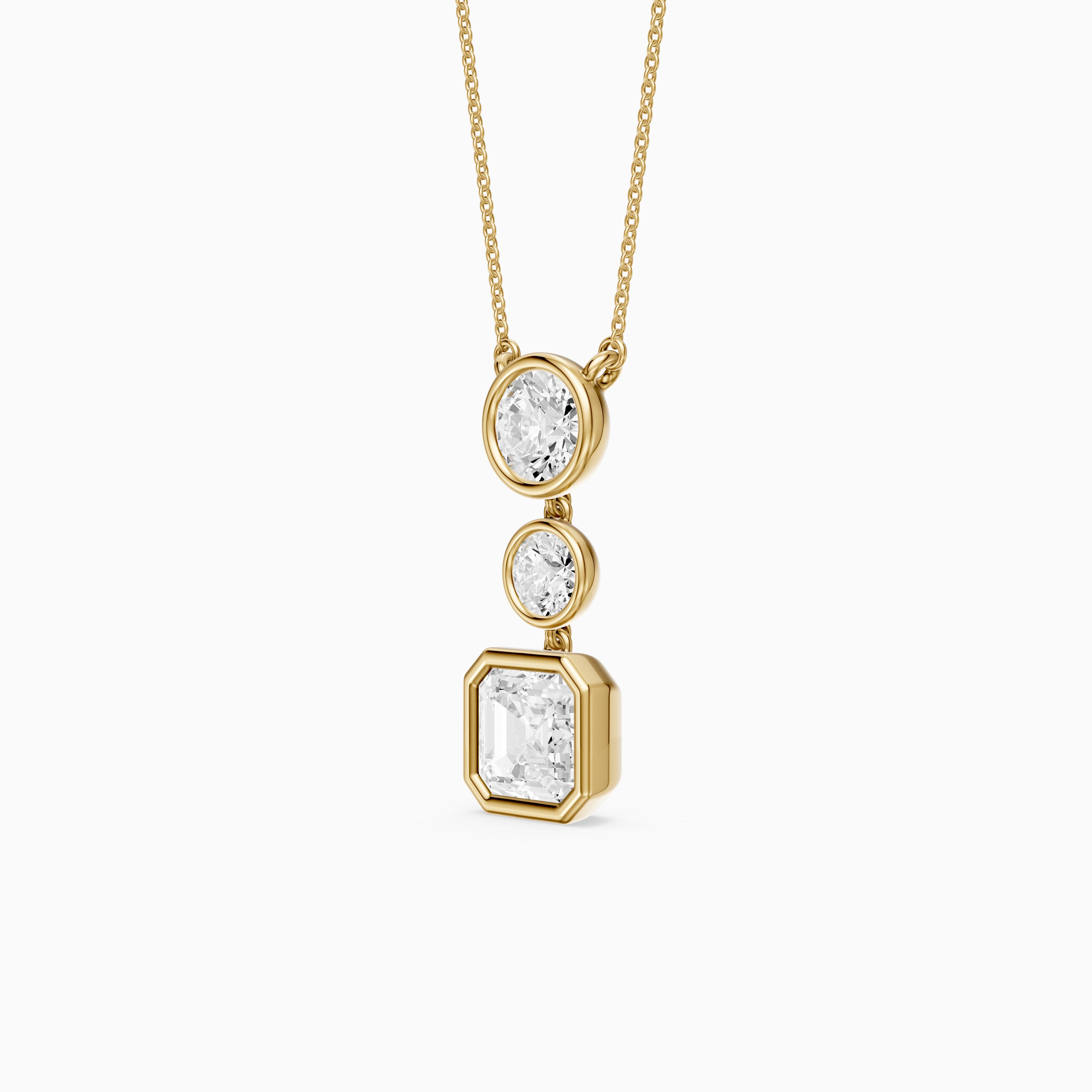 Vanessa Asscher Cut and Round Cut Lab Grown Diamond Bezel Three Stone Pendant