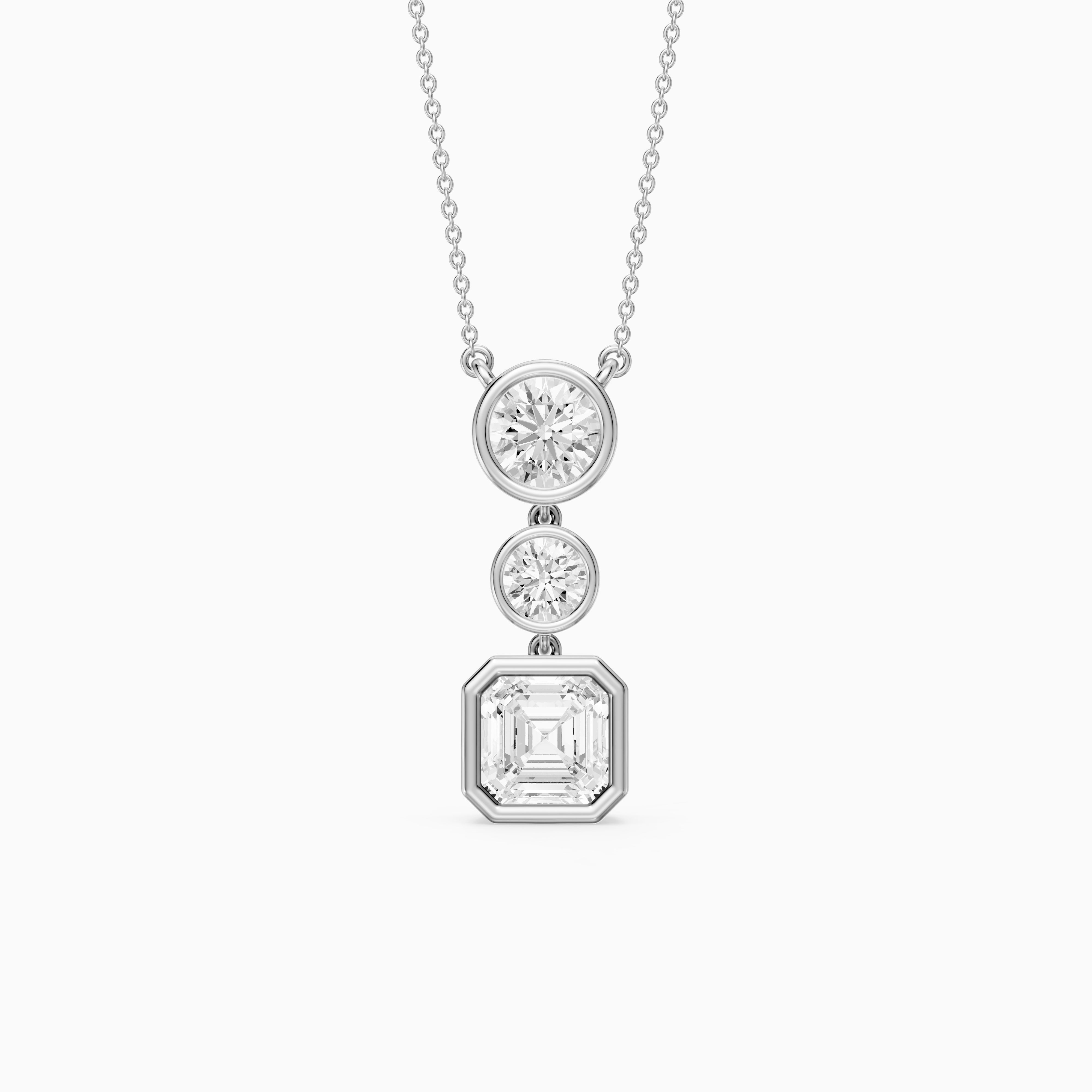 Vanessa Asscher Cut and Round Cut Lab Grown Diamond Bezel Three Stone Pendant